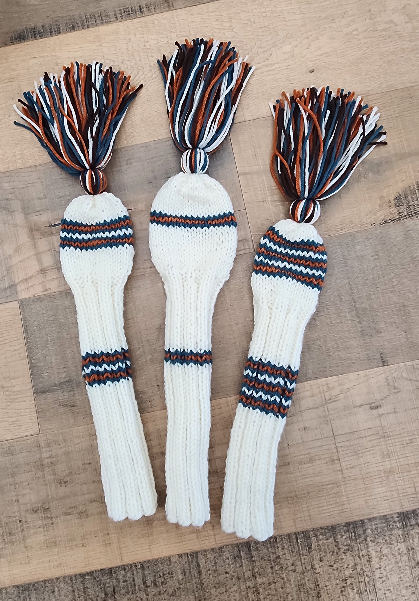 Three Golf Club Head Covers Retro-Vintage Ivory, Dark Teal & Orange with Tassels for Drivers, Woods for Randy