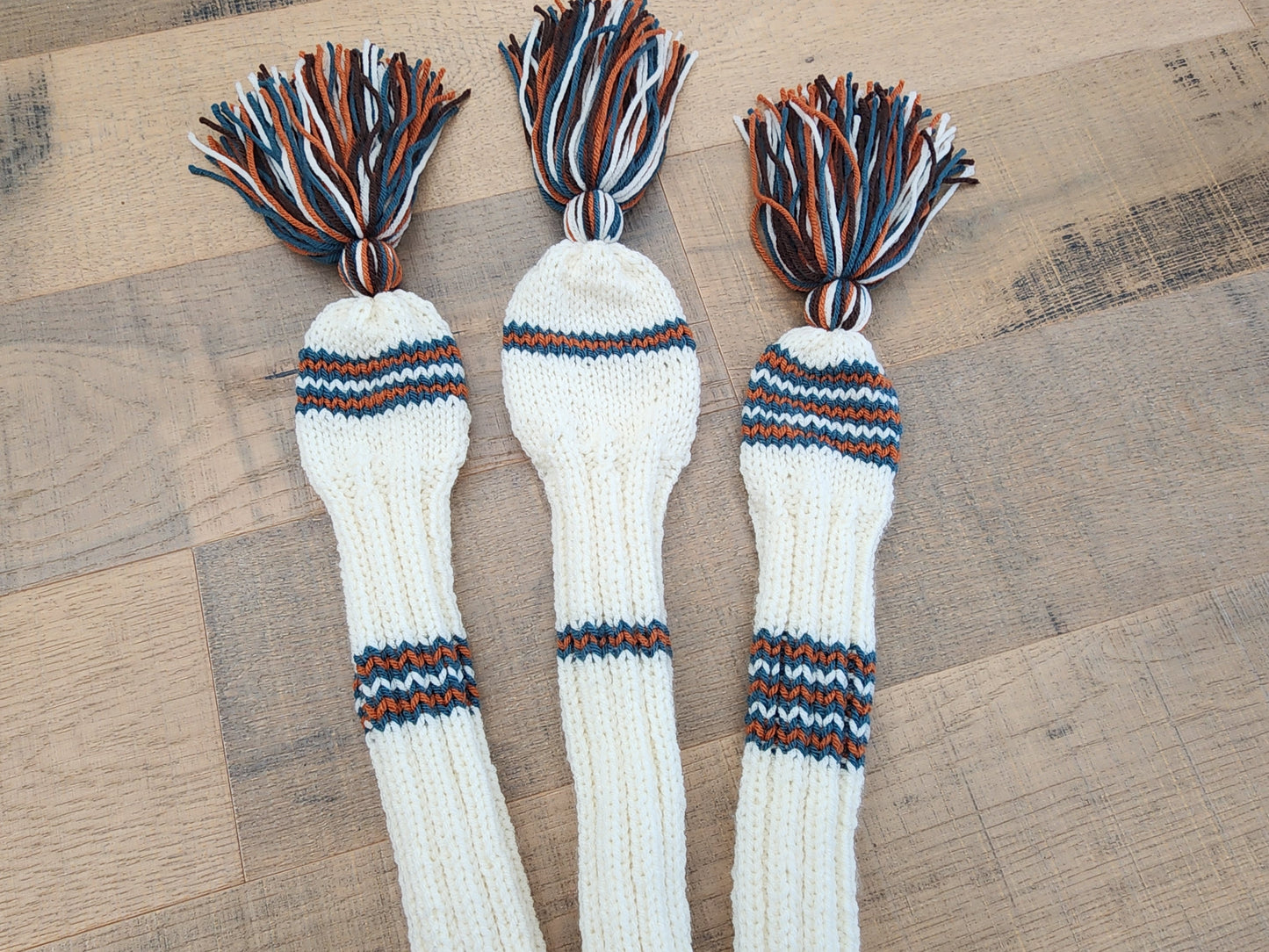 Three Golf Club Head Covers Retro-Vintage Ivory, Dark Teal & Orange with Tassels for Drivers, Woods for Randy