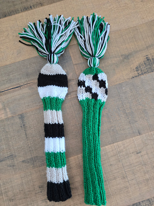 Two Golf Club Head Covers Retro-Vintage Black, White, Tan  & Green with Tassels for Hybrids Custom for Isaac