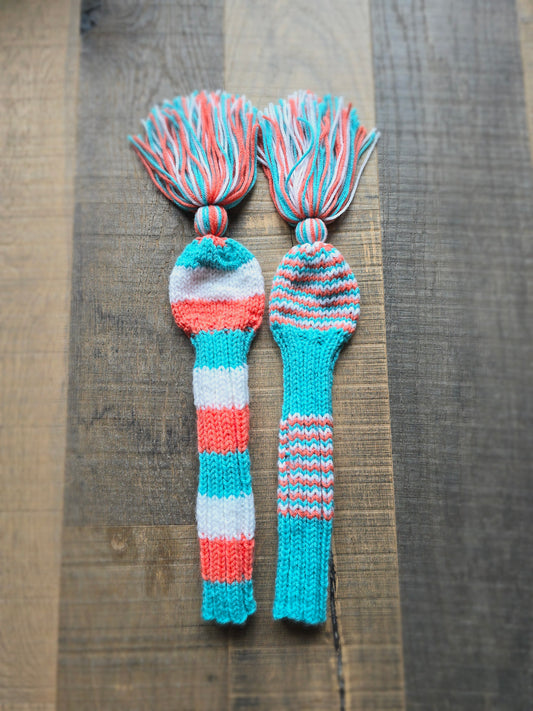 Two Golf Club Head Covers Retro-Vintage Blue, Orange & White with Tassels for Fairway Woods for Kameron