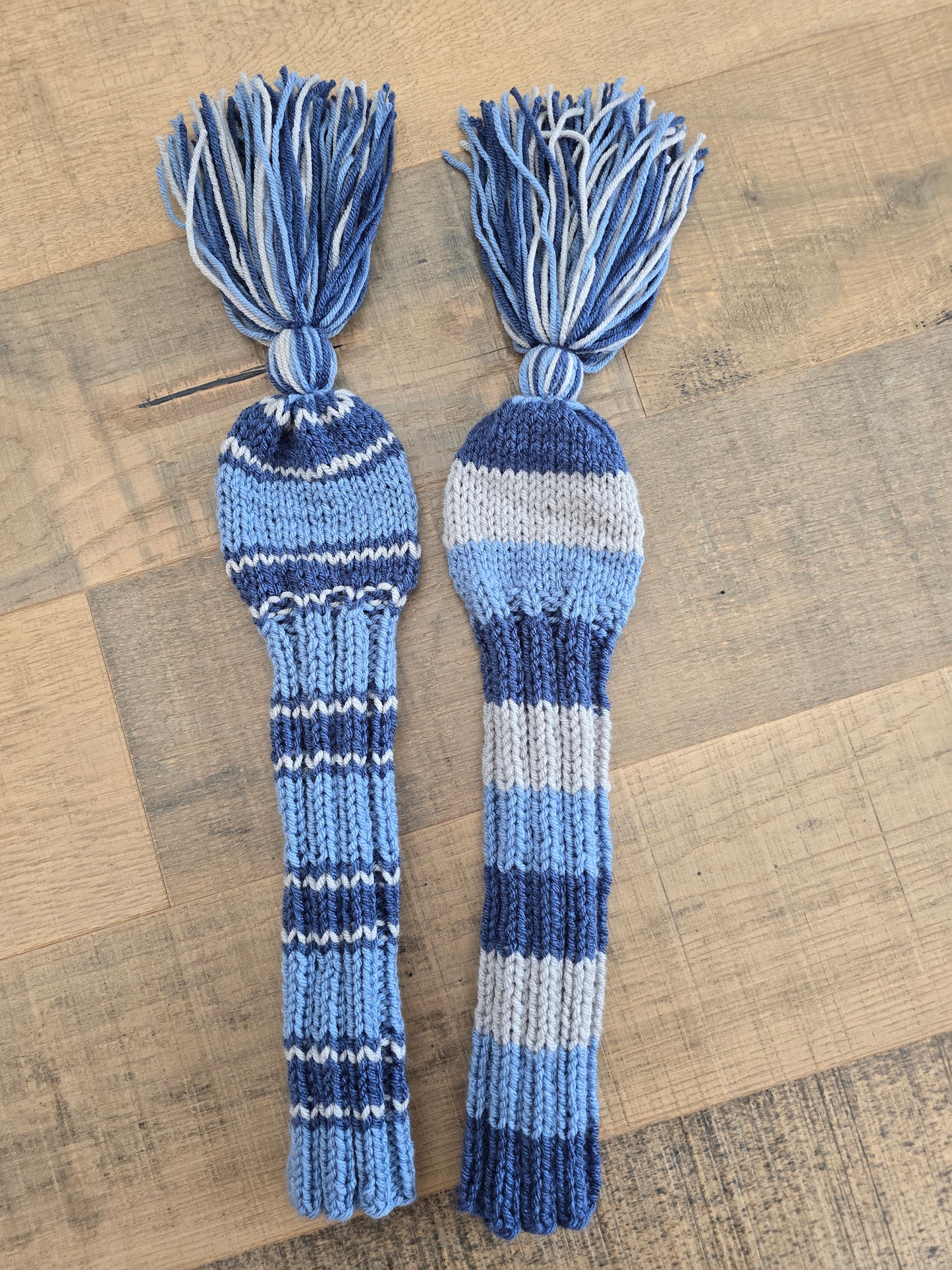Two Golf Club Head Covers Retro-Vintage Ombre Blue & Gray with Tassels for Fairway Woods