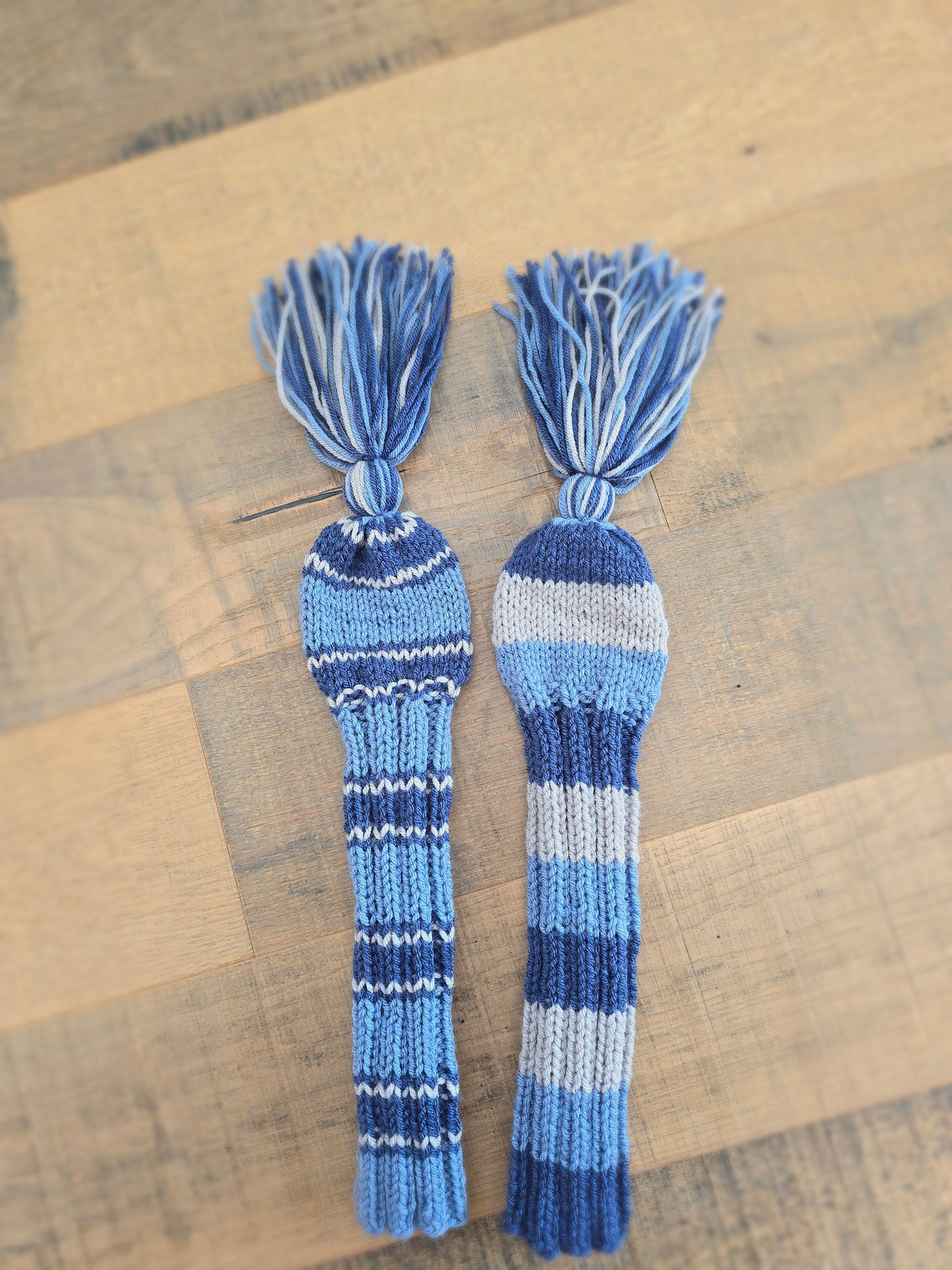 Two Golf Club Head Covers Retro-Vintage Ombre Blue & Gray with Tassels for Fairway Woods