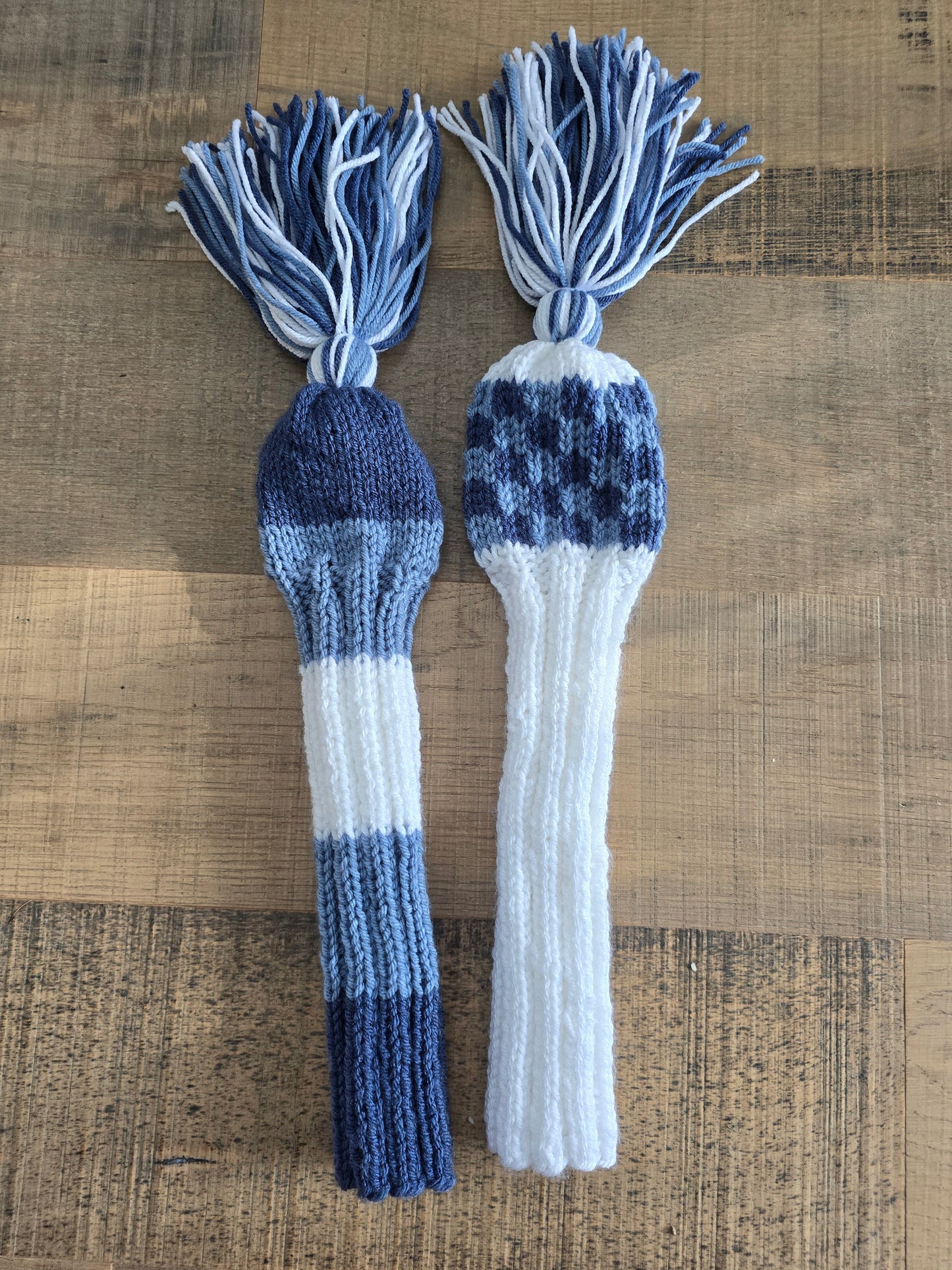 Two Golf Club Head Covers Retro-Vintage Blue & White with Tassels for Fairway Woods