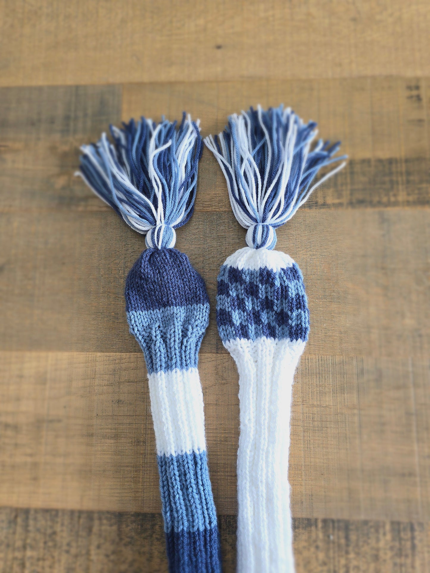 Two Golf Club Head Covers Retro-Vintage Blue & White with Tassels for Fairway Woods