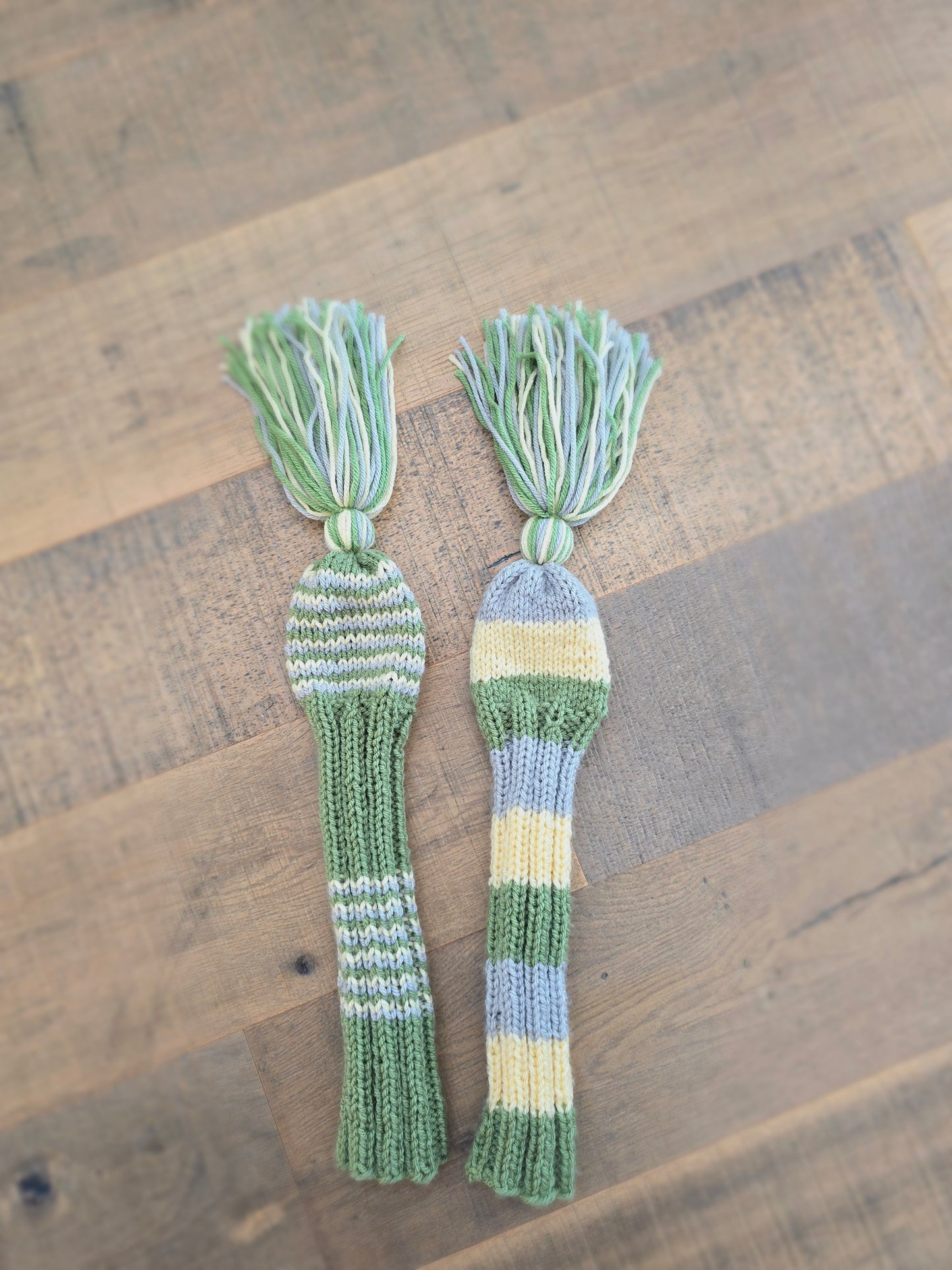 Two Golf Club Head Covers Retro-Vintage Green, Yellow & Gray with Tassels for Fairway Woods