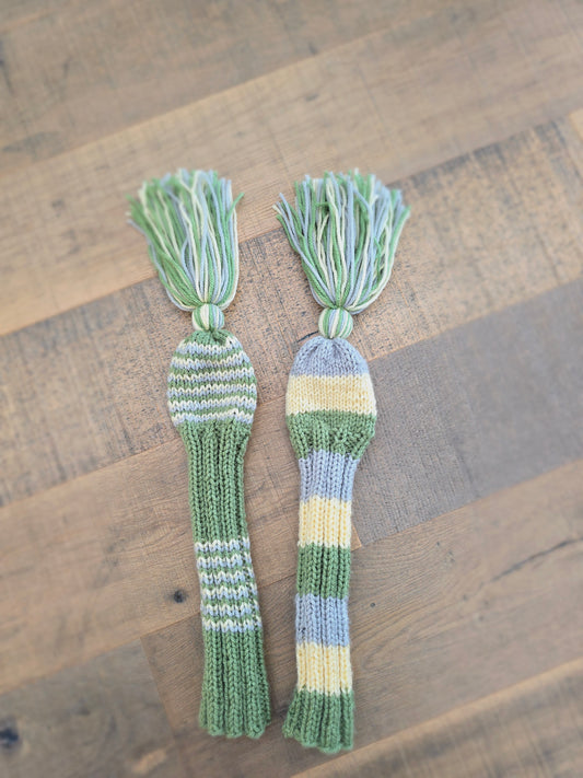 Two Golf Club Head Covers Retro-Vintage Green, Yellow & Gray with Tassels for Fairway Woods