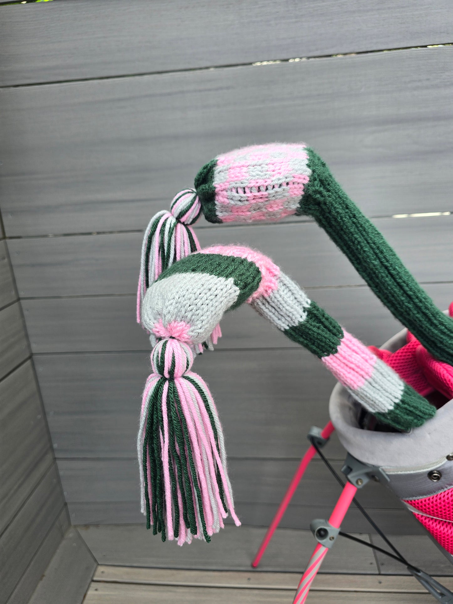 Two Golf Club Head Covers Retro-Vintage Pink, Green & Gray with Tassels for Fairway Woods