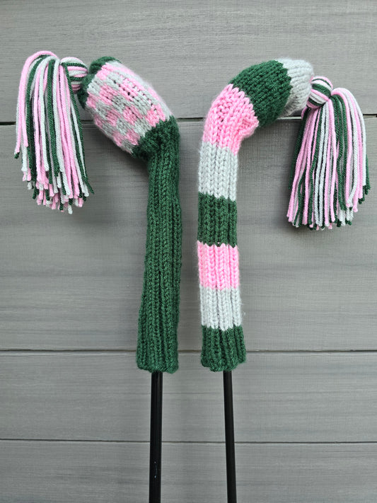 Two Golf Club Head Covers Retro-Vintage Pink, Green & Gray with Tassels for Fairway Woods