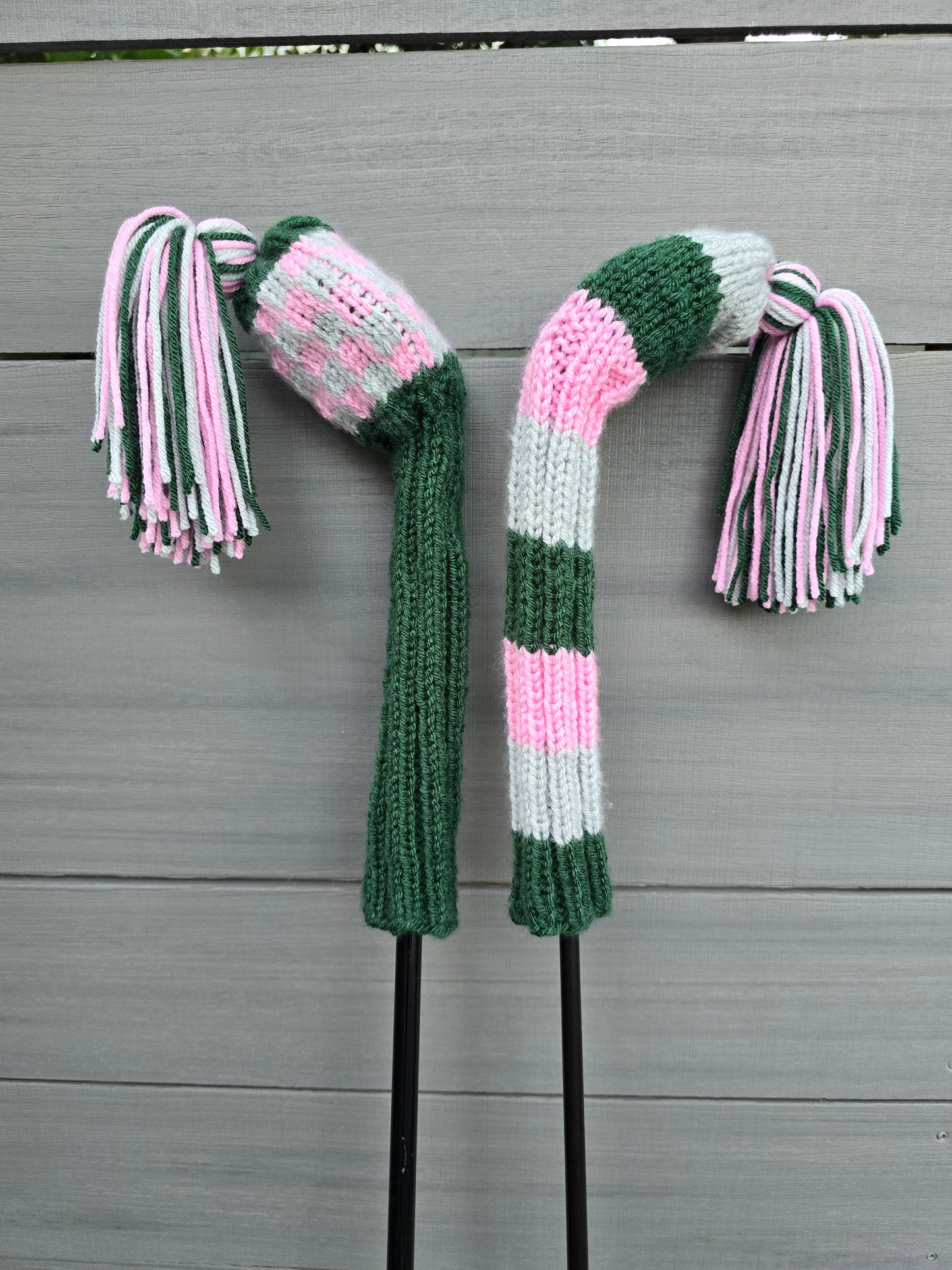 Two Golf Club Head Covers Retro-Vintage Pink, Green & Gray with Tassels for Fairway Woods