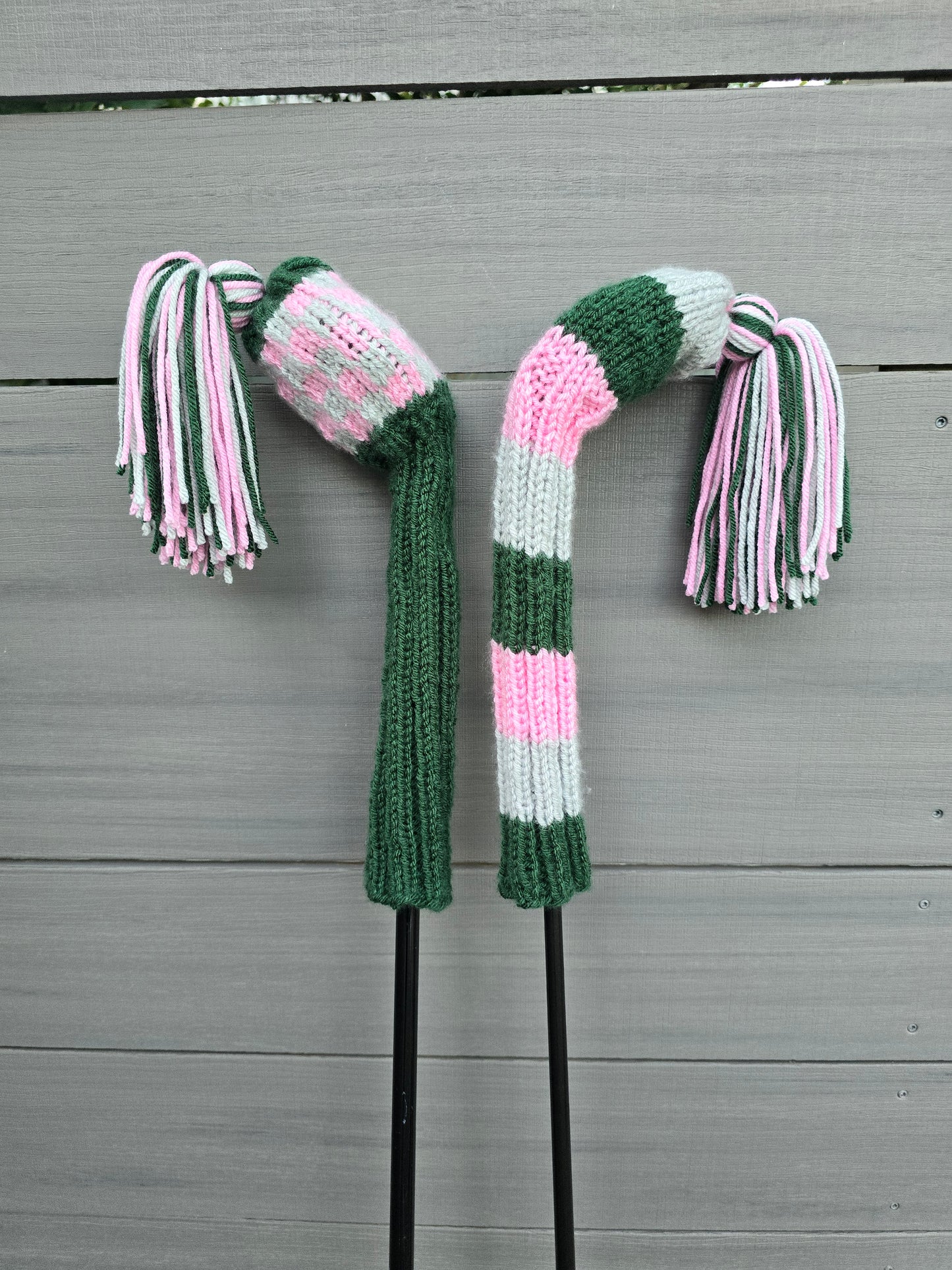 Two Golf Club Head Covers Retro-Vintage Pink, Green & Gray with Tassels for Fairway Woods