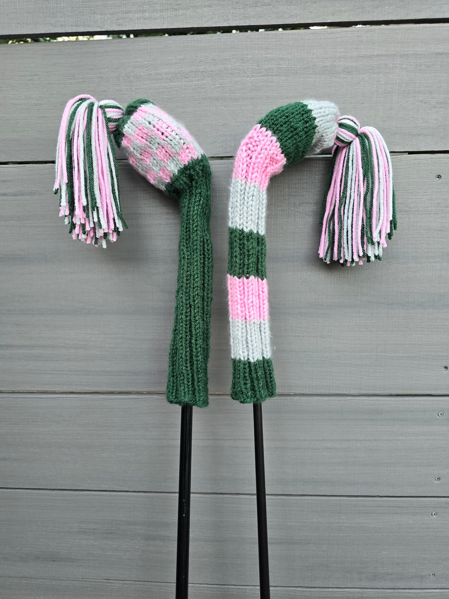 Two Golf Club Head Covers Retro-Vintage Pink, Green & Gray with Tassels for Fairway Woods