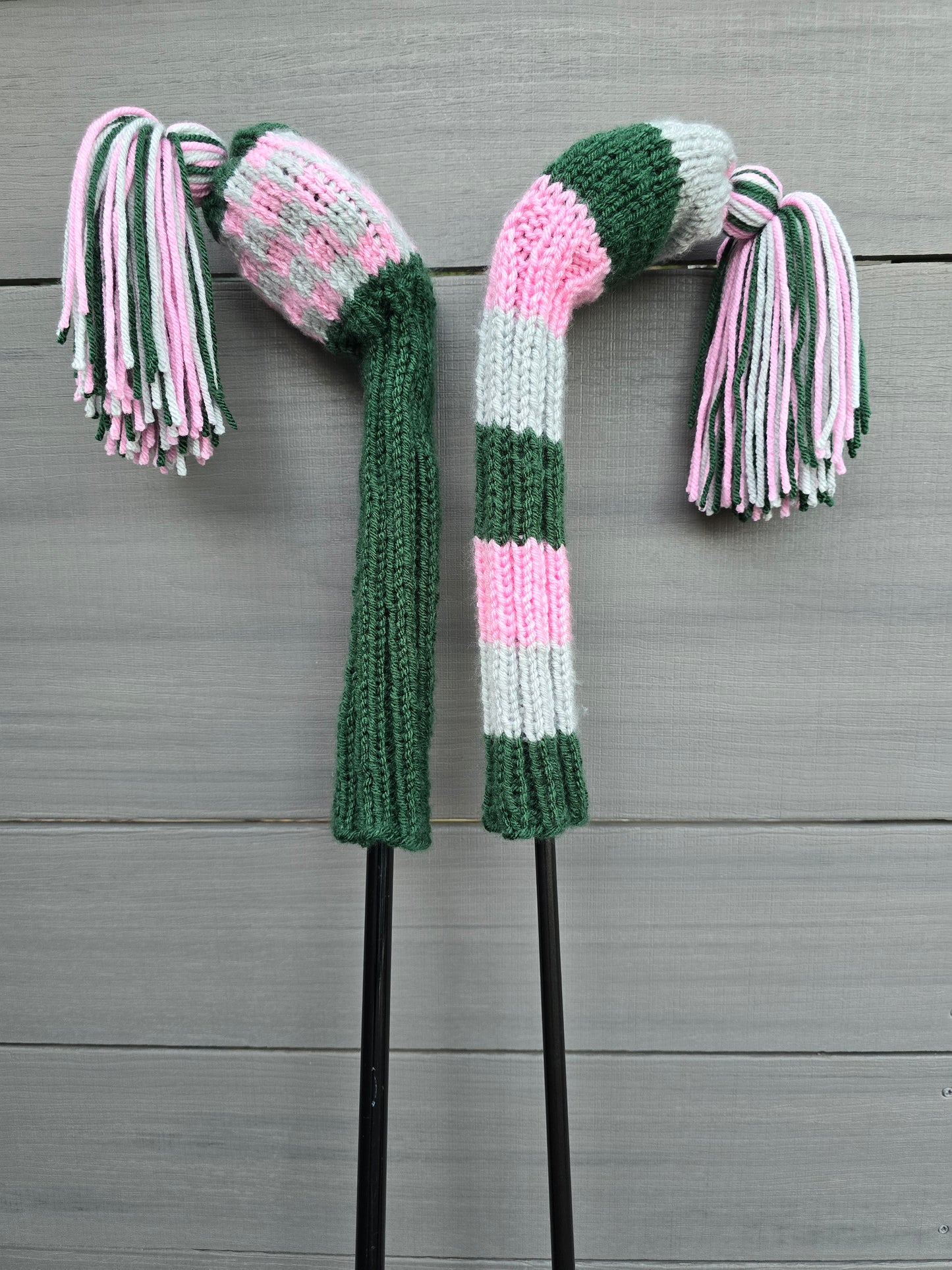 Two Golf Club Head Covers Retro-Vintage Pink, Green & Gray with Tassels for Fairway Woods