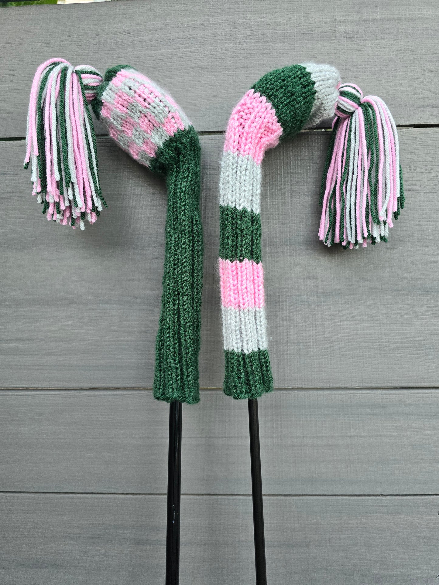 Two Golf Club Head Covers Retro-Vintage Pink, Green & Gray with Tassels for Fairway Woods