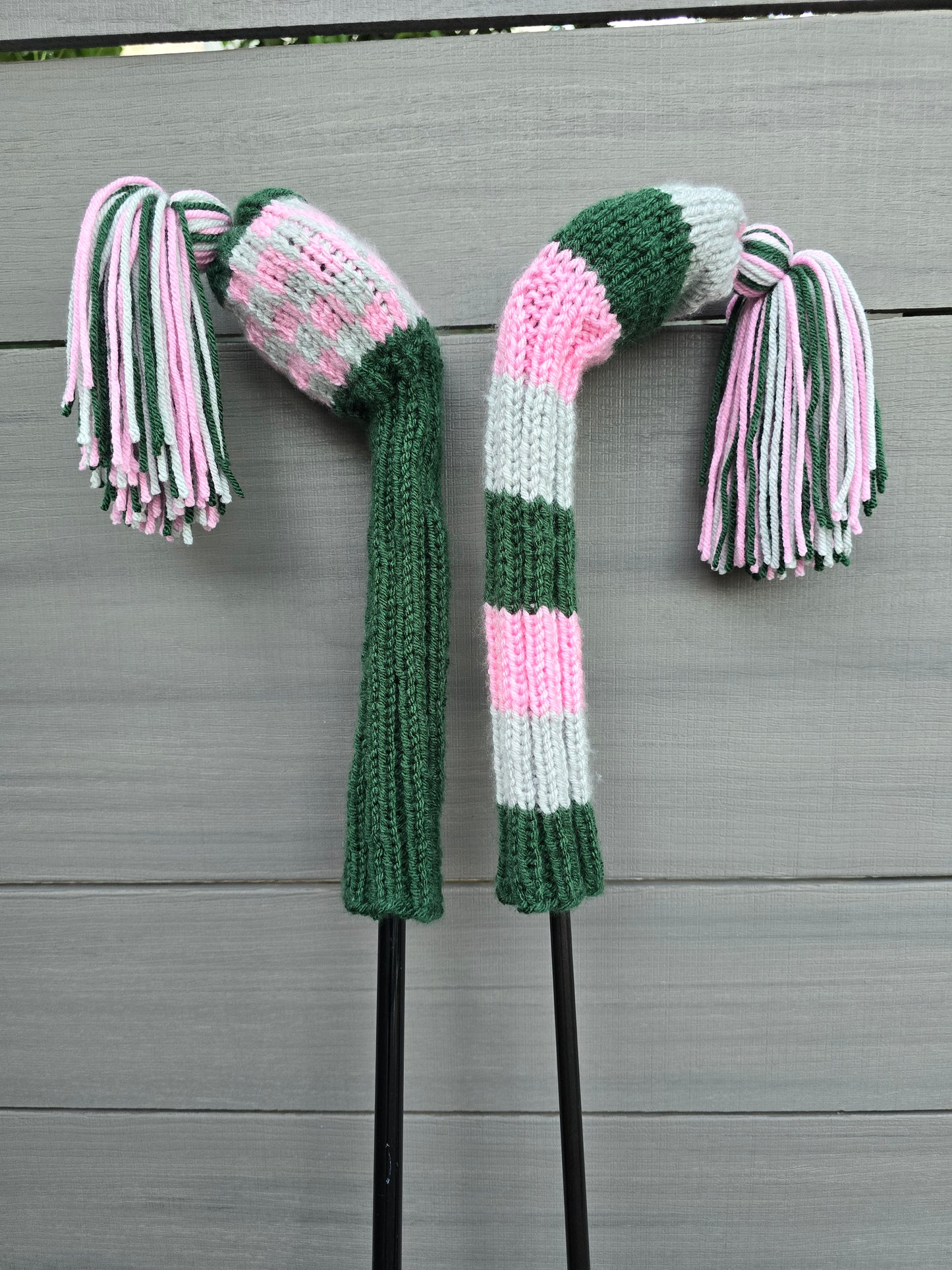 Two Golf Club Head Covers Retro-Vintage Pink, Green & Gray with Tassels for Fairway Woods