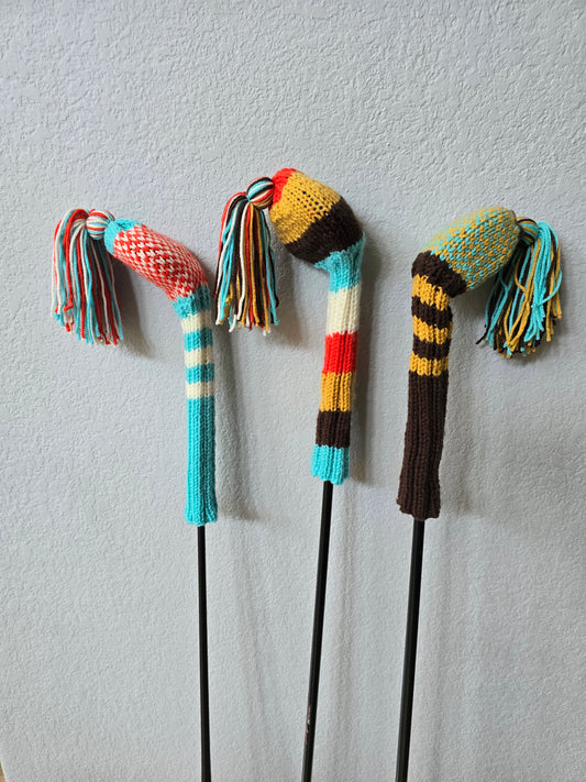 Hand Knit Golf Club Head Covers Retro-Vintage Multi Colored with Tassels for Driver & Fairway Woods