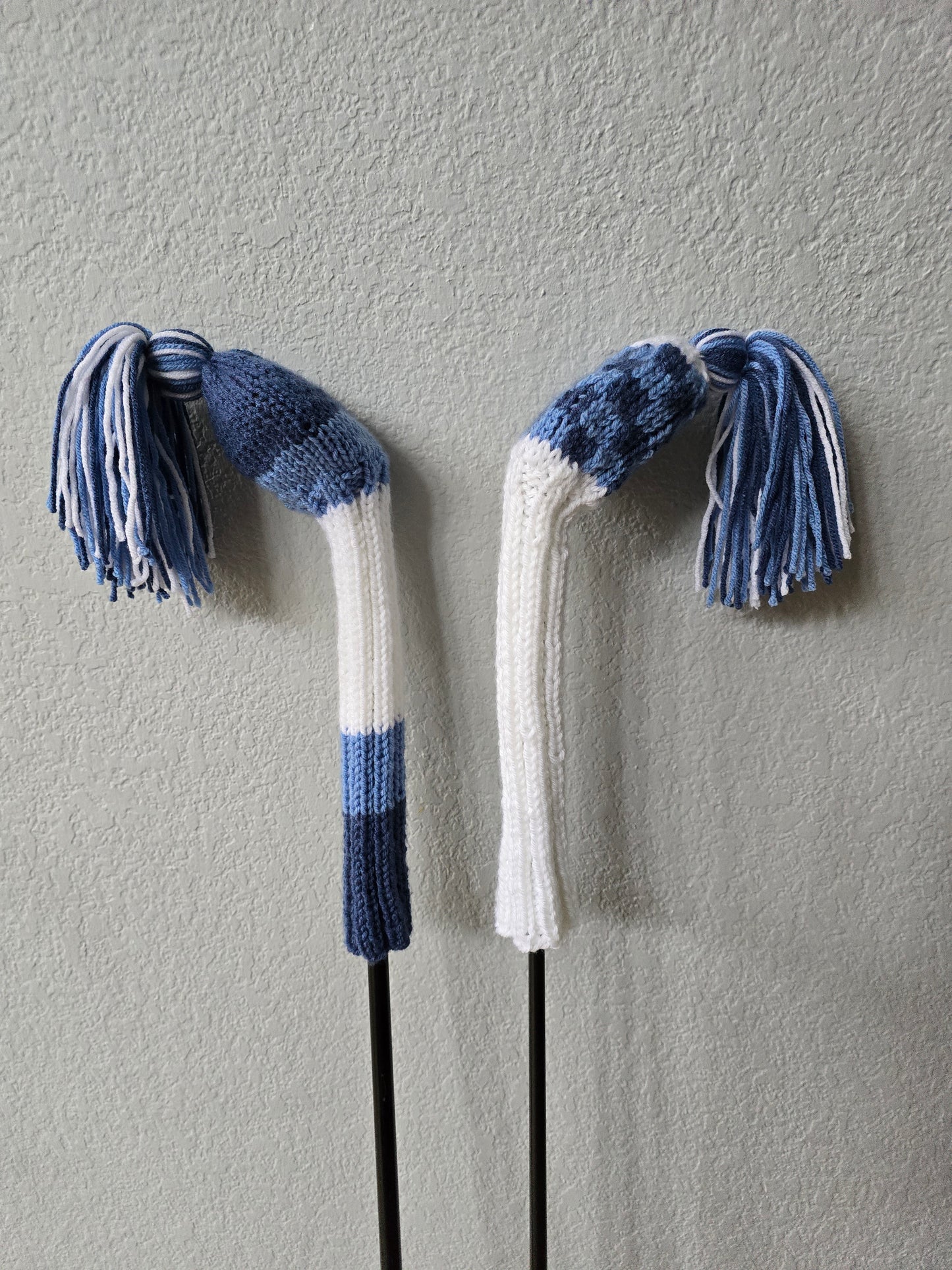 Two Golf Club Head Covers Retro-Vintage Blue & White with Tassels for Fairway Woods