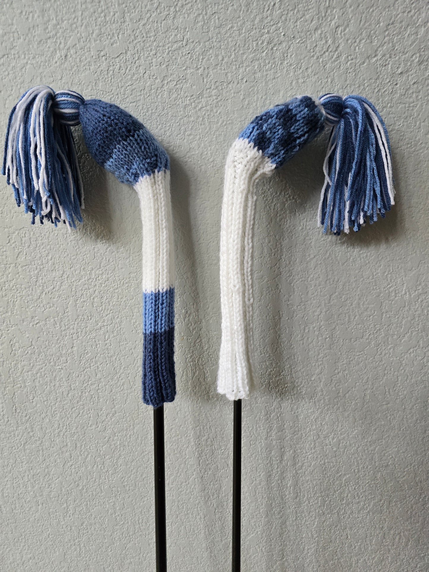 Two Golf Club Head Covers Retro-Vintage Blue & White with Tassels for Fairway Woods