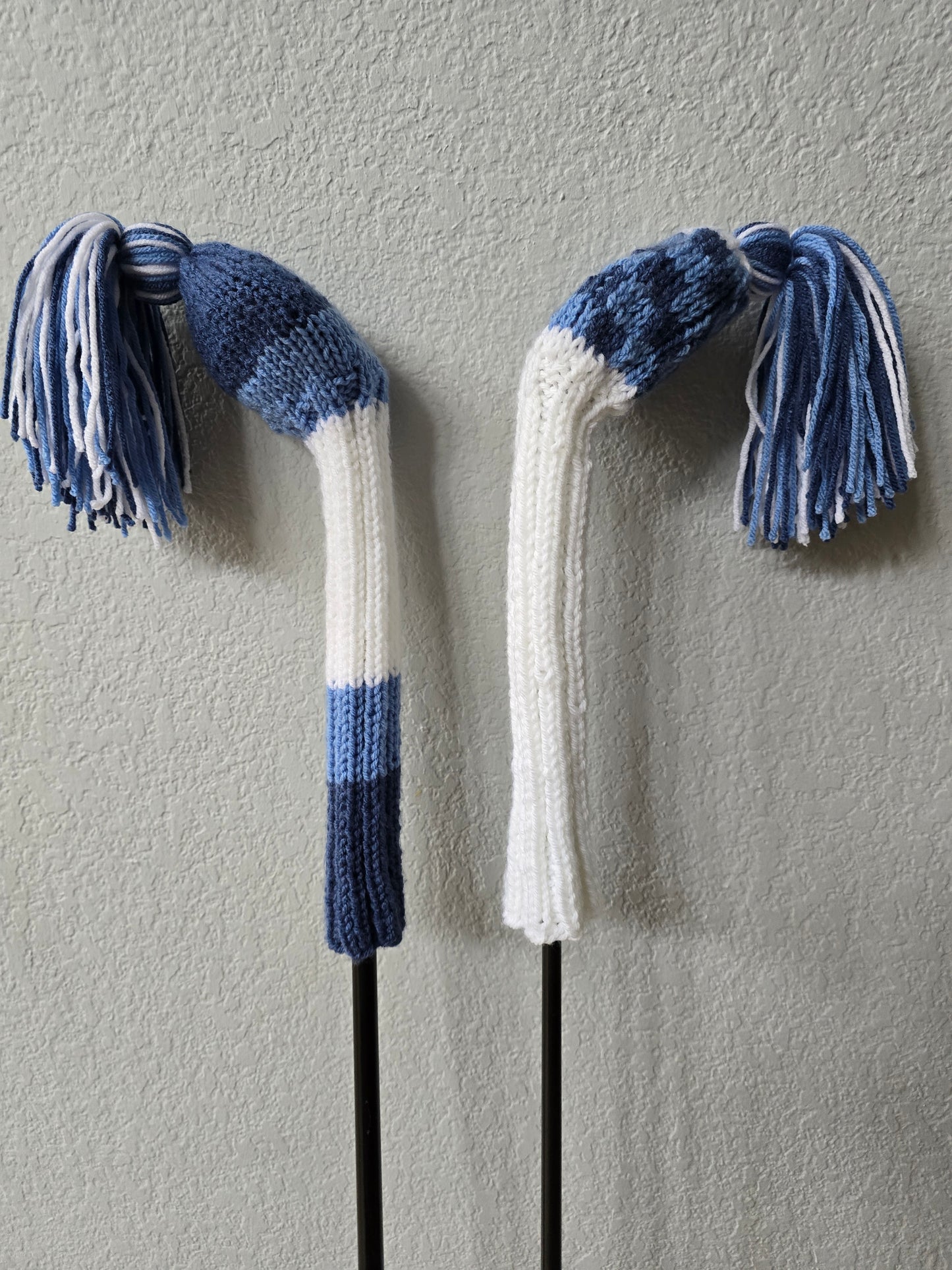 Two Golf Club Head Covers Retro-Vintage Blue & White with Tassels for Fairway Woods