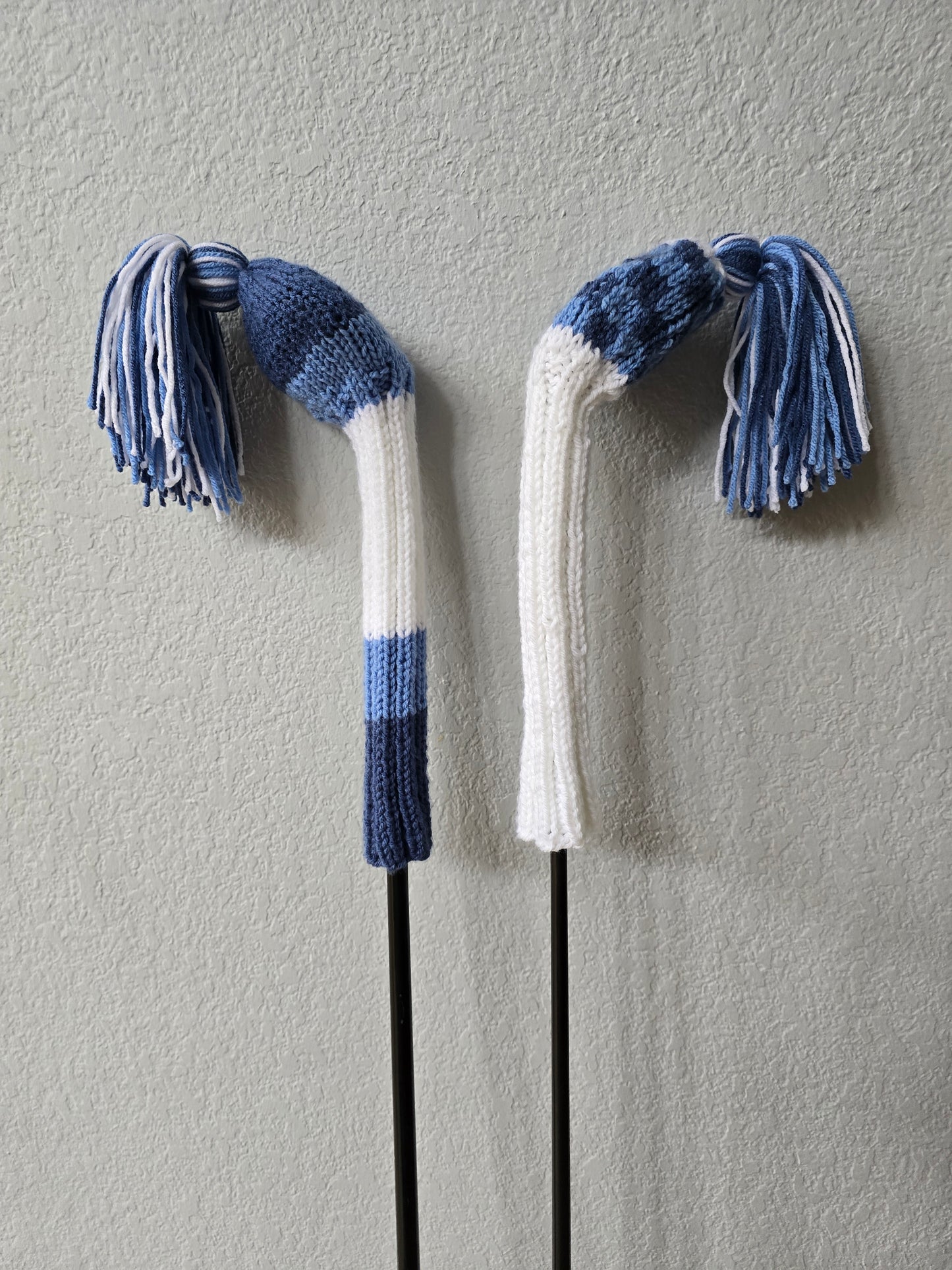 Two Golf Club Head Covers Retro-Vintage Blue & White with Tassels for Fairway Woods
