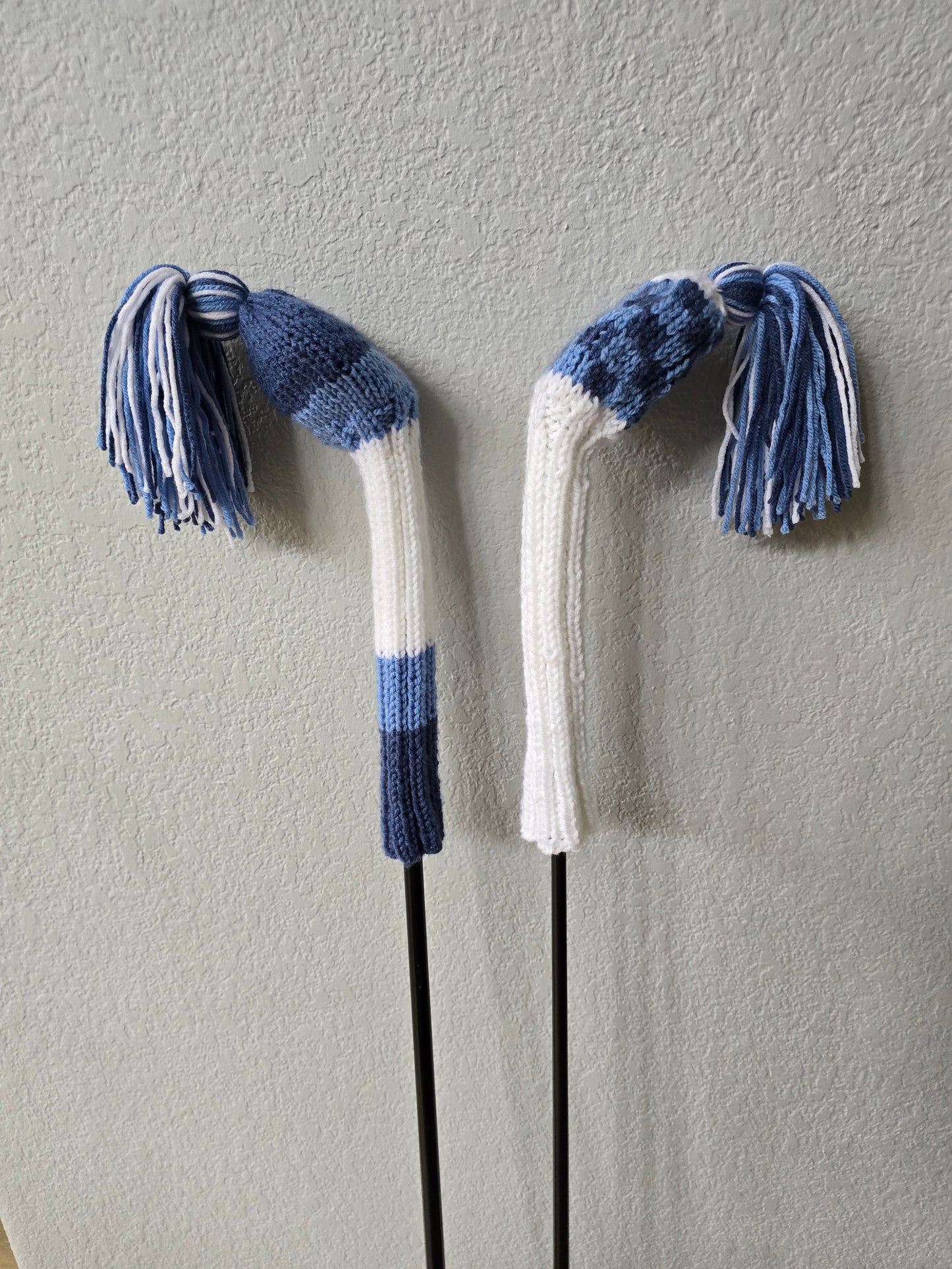 Two Golf Club Head Covers Retro-Vintage Blue & White with Tassels for Fairway Woods