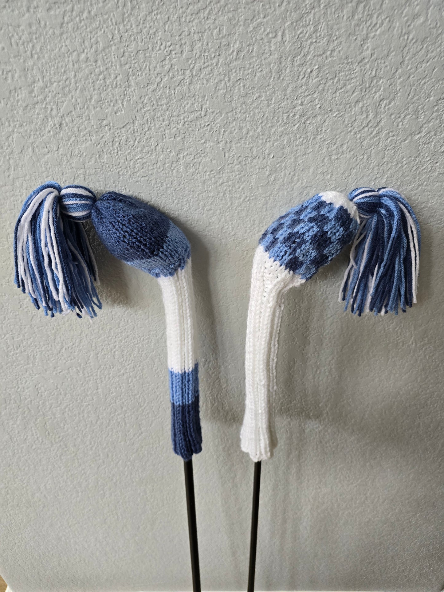 Two Golf Club Head Covers Retro-Vintage Blue & White with Tassels for Fairway Woods