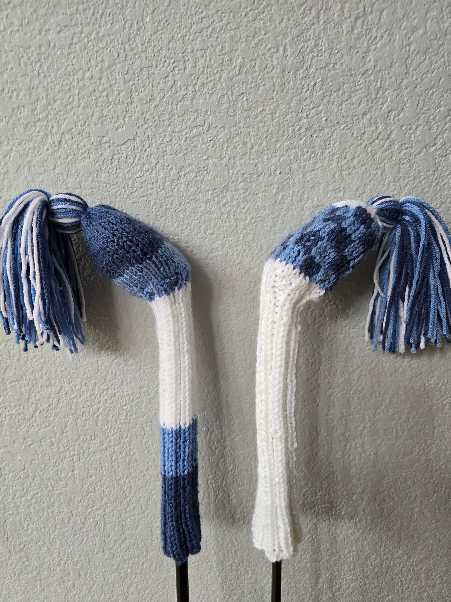 Two Golf Club Head Covers Retro-Vintage Blue & White with Tassels for Fairway Woods