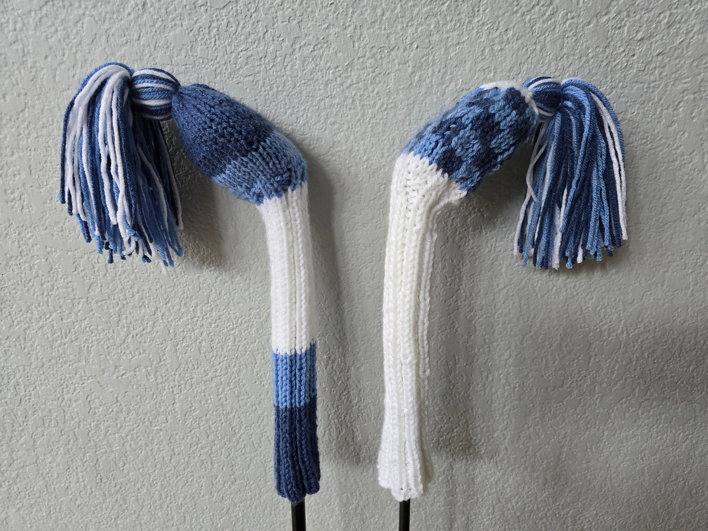 Two Golf Club Head Covers Retro-Vintage Blue & White with Tassels for Fairway Woods