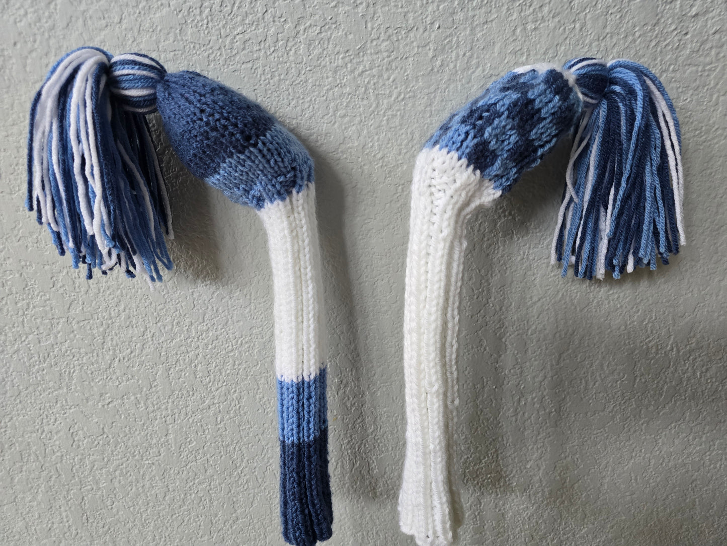 Two Golf Club Head Covers Retro-Vintage Blue & White with Tassels for Fairway Woods