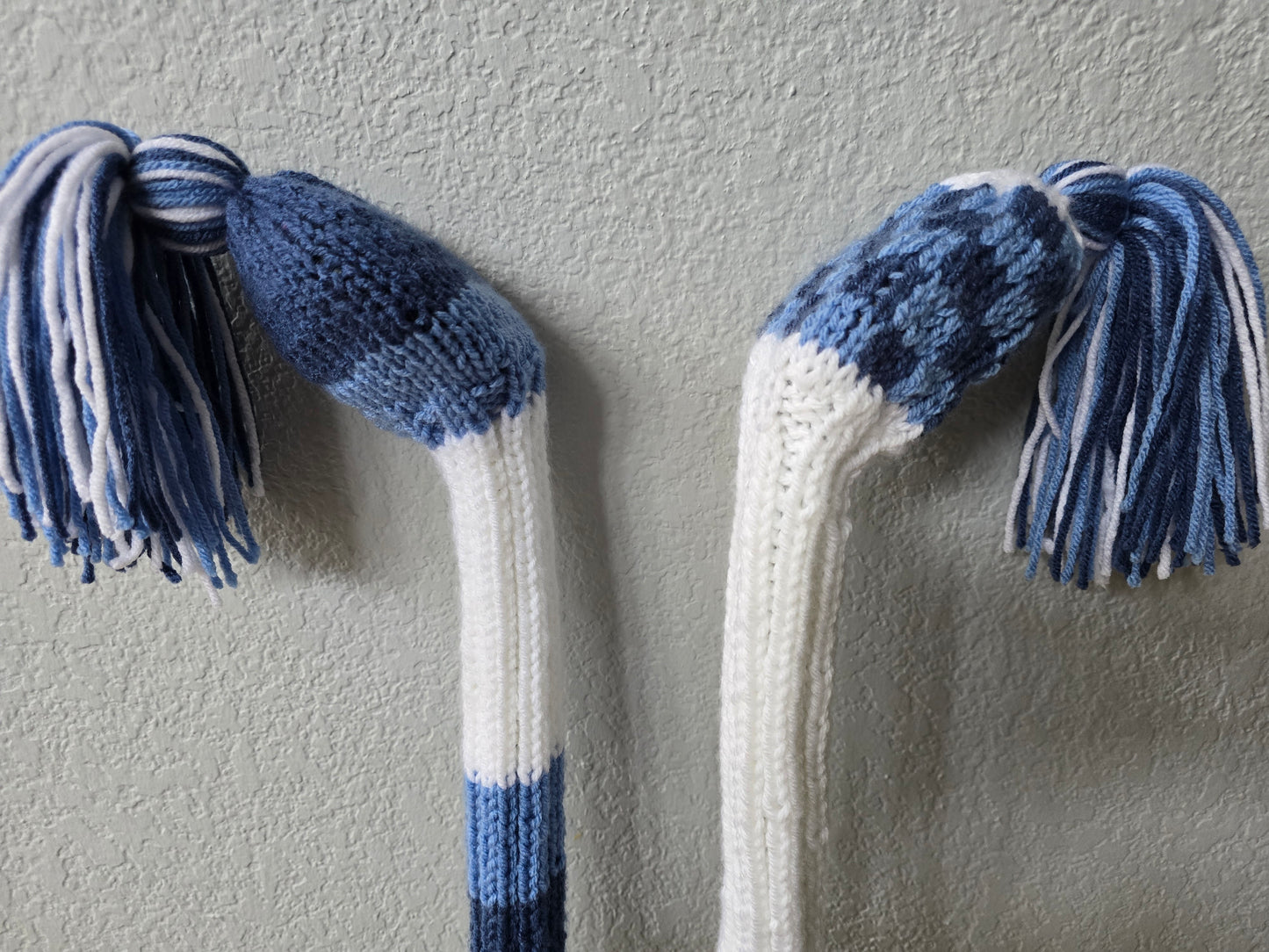 Two Golf Club Head Covers Retro-Vintage Blue & White with Tassels for Fairway Woods