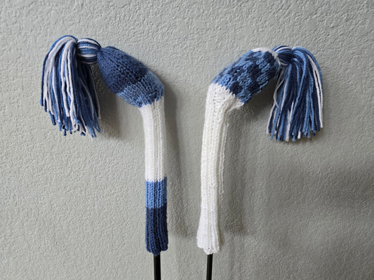 Two Golf Club Head Covers Retro-Vintage Blue & White with Tassels for Fairway Woods