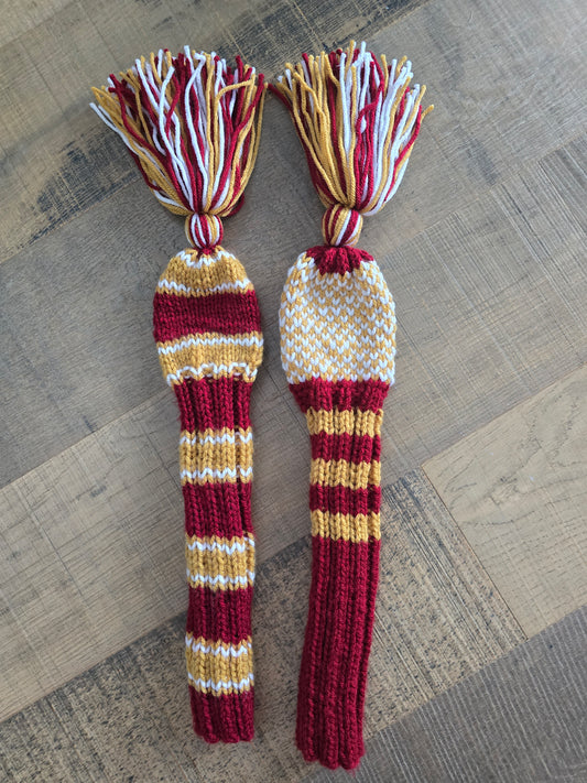 Two Golf Club Head Covers Retro-Vintage Burgundy, Gold & White with Tassels for Fairway Woods