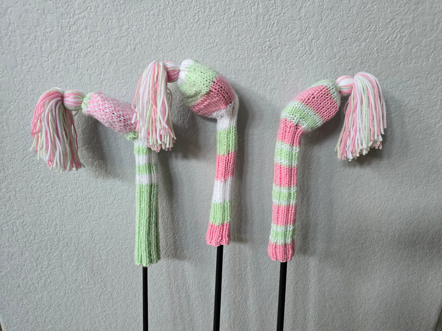 Hand Knit Golf Club Head Covers Retro-Vintage Pink, Green & White with Tassels for Driver & Fairway Woods