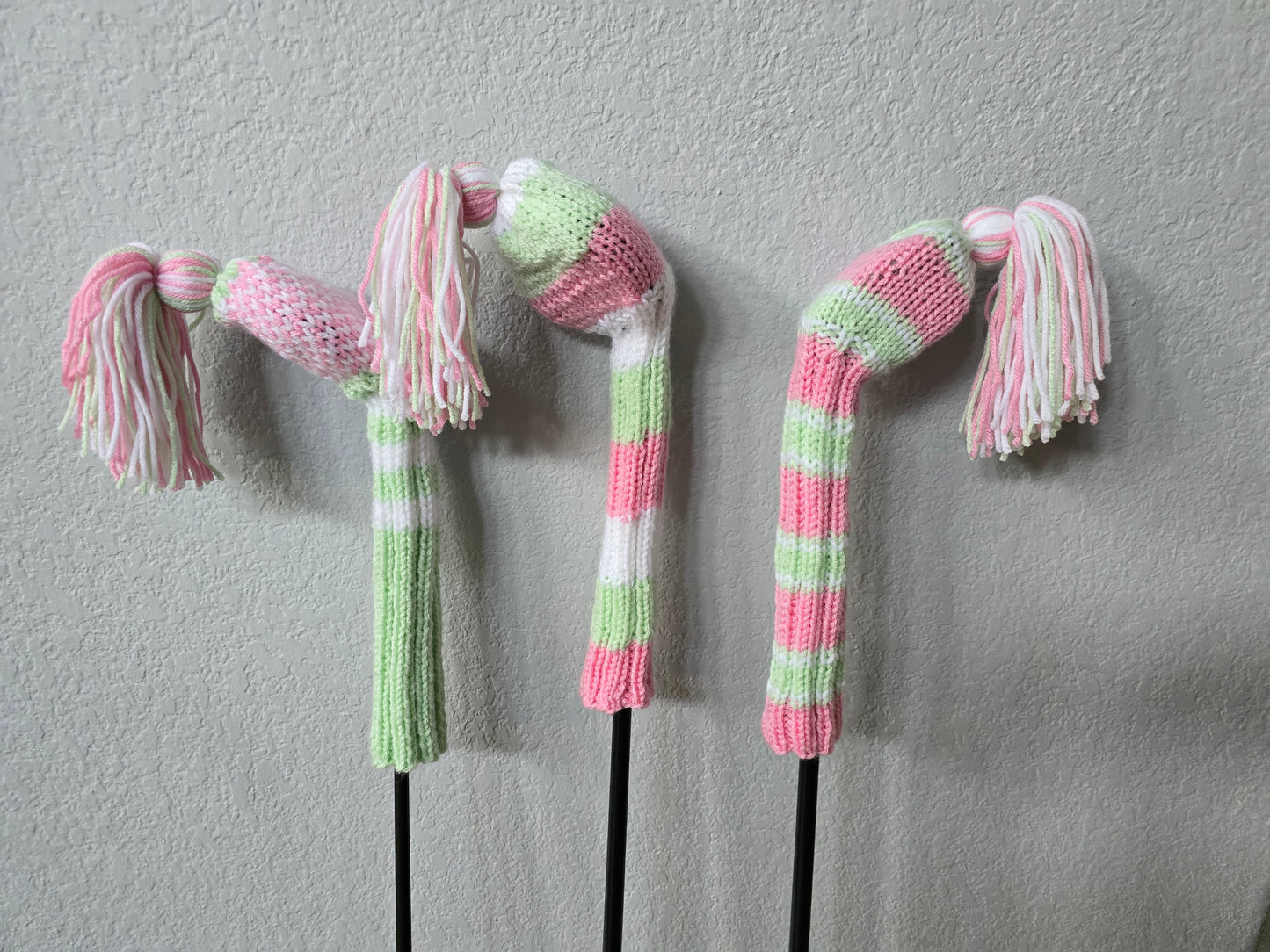 Hand Knit Golf Club Head Covers Retro-Vintage Pink, Green & White with Tassels for Driver & Fairway Woods