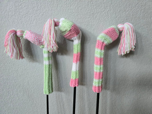 Hand Knit Golf Club Head Covers Retro-Vintage Pink, Green & White with Tassels for Driver & Fairway Woods