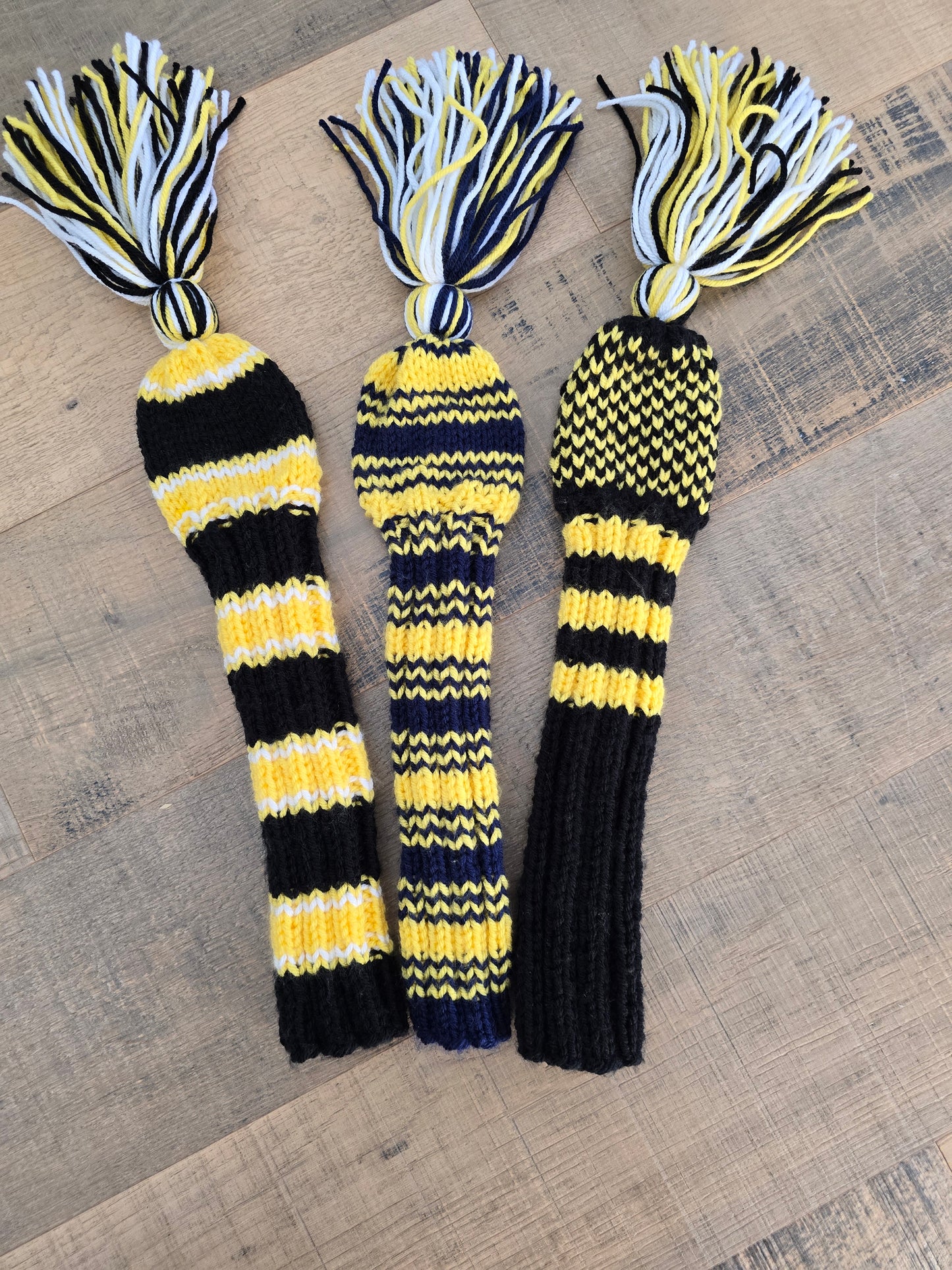 Three Hybrid Golf Club Head Covers in Black, Blue, Yellow with Tassels for Dylan