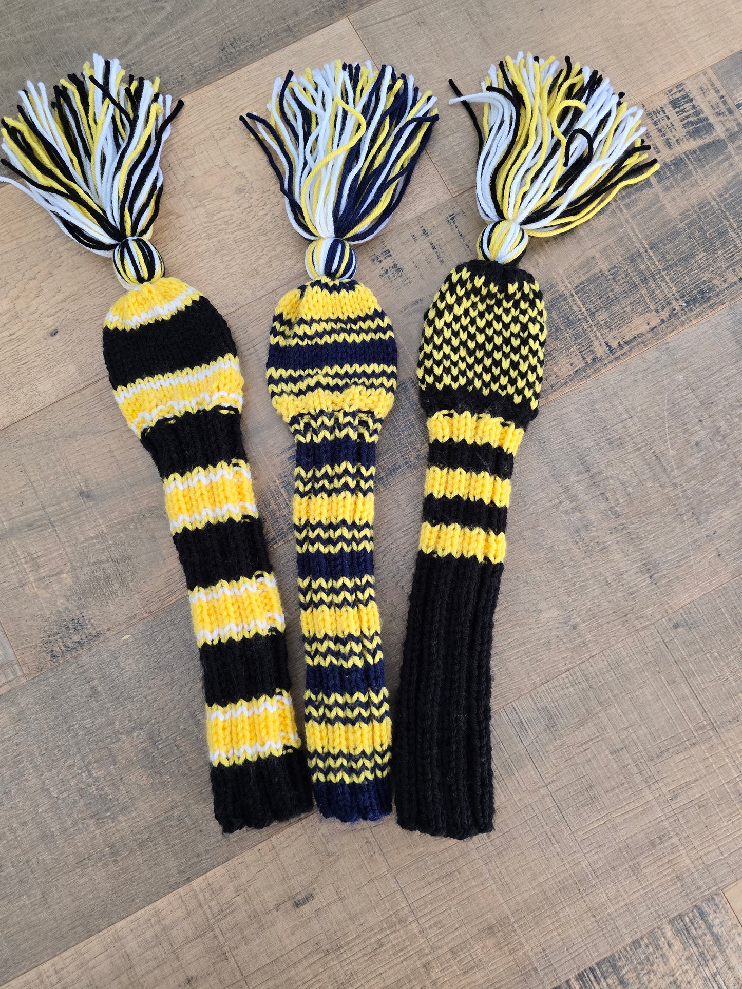 Three Hybrid Golf Club Head Covers in Black, Blue, Yellow with Tassels for Dylan