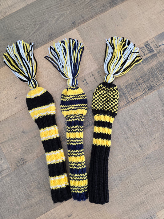 Three Hybrid Golf Club Head Covers in Black, Blue, Yellow with Tassels for Dylan