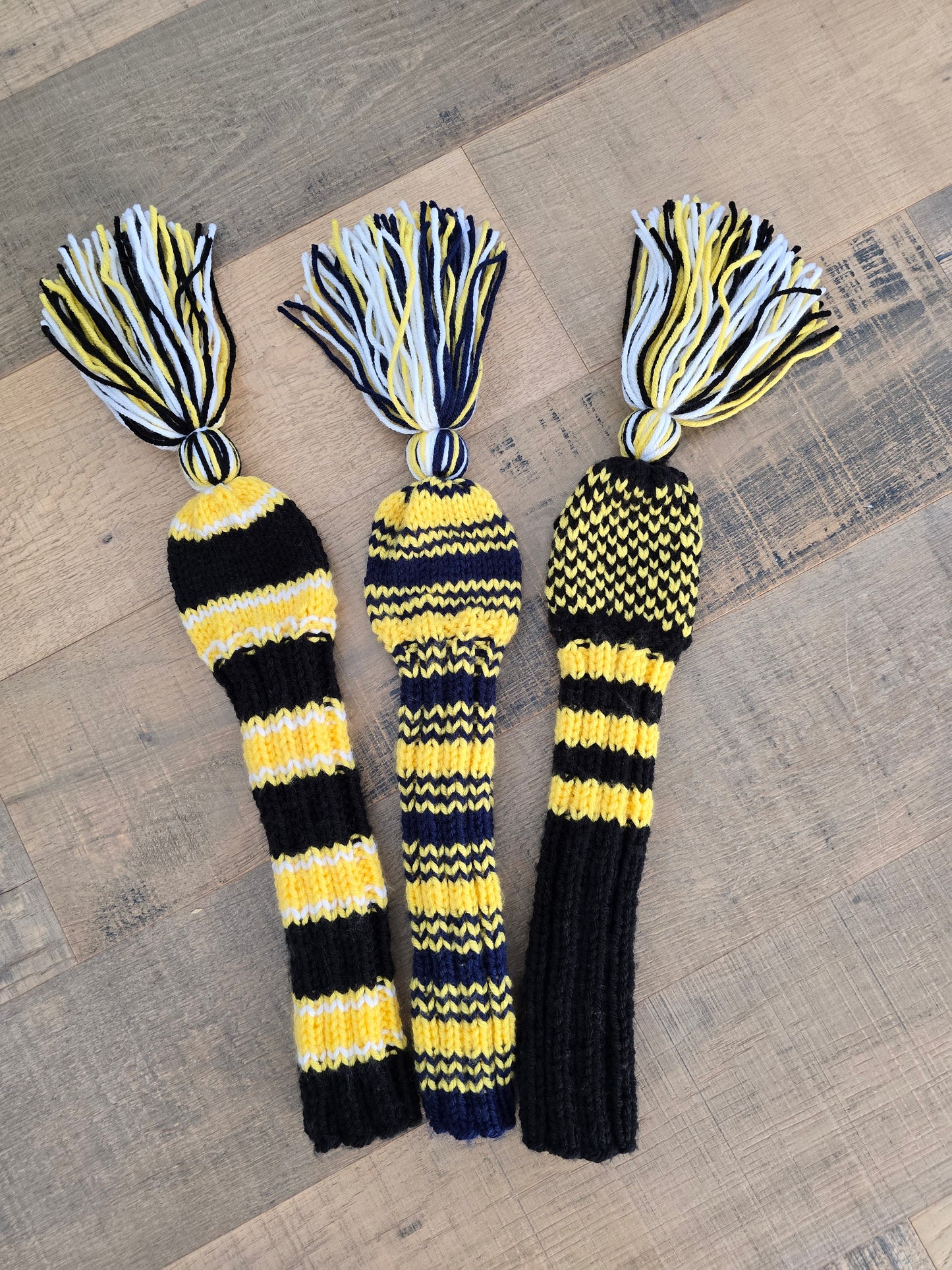 Three Hybrid Golf Club Head Covers in Black, Blue, Yellow with Tassels for Dylan