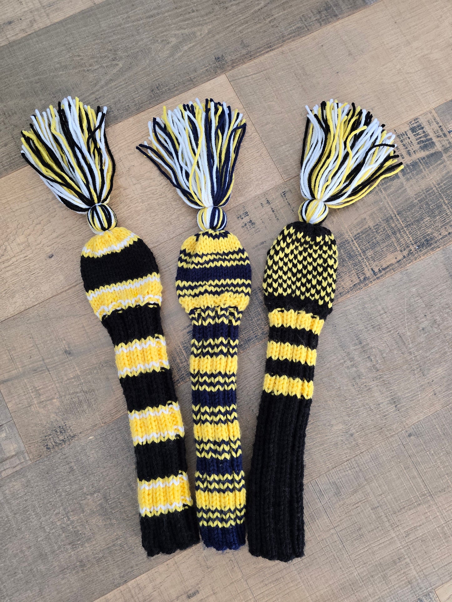 Three Hybrid Golf Club Head Covers in Black, Blue, Yellow with Tassels for Dylan