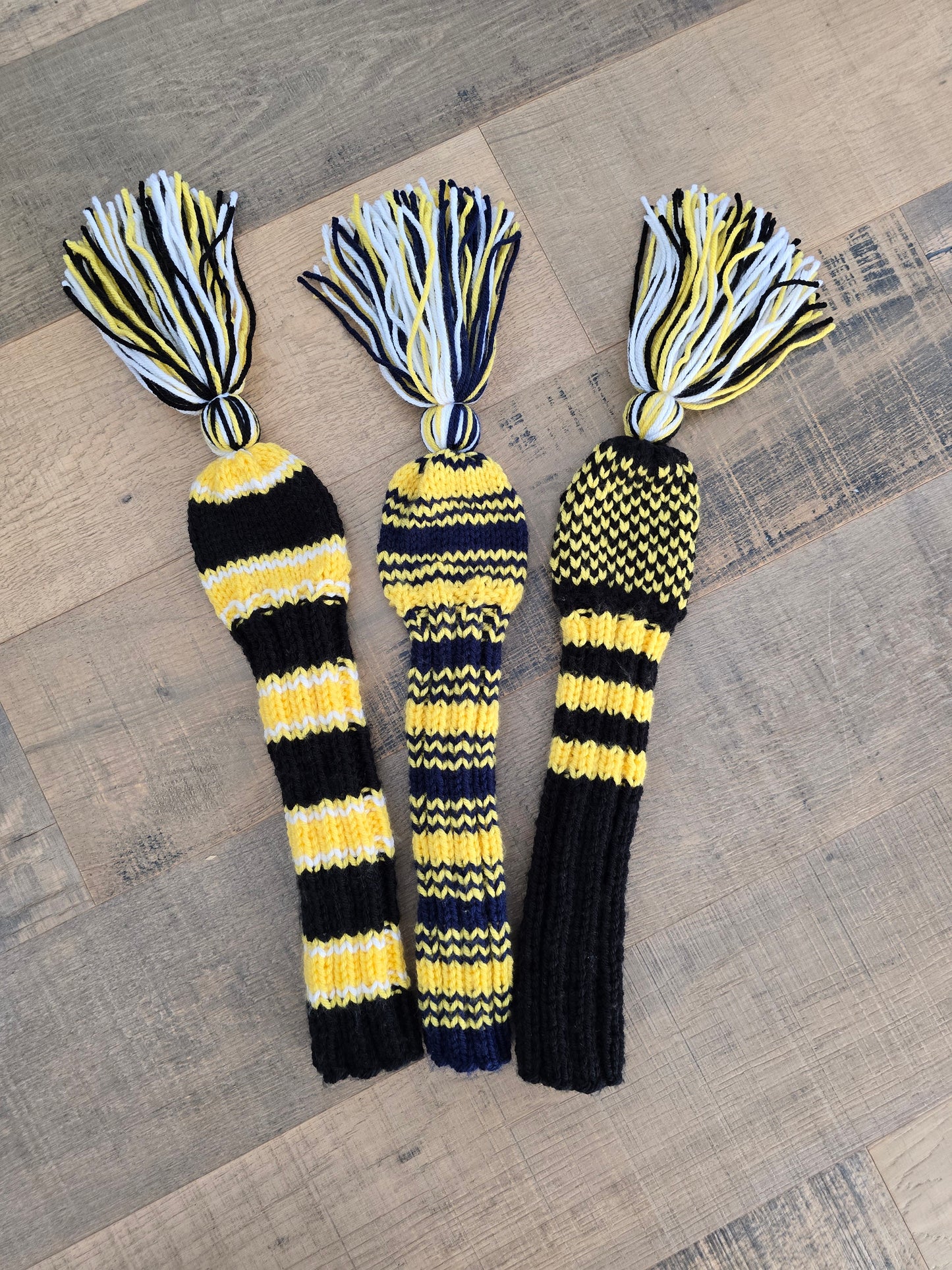 Three Hybrid Golf Club Head Covers in Black, Blue, Yellow with Tassels for Dylan