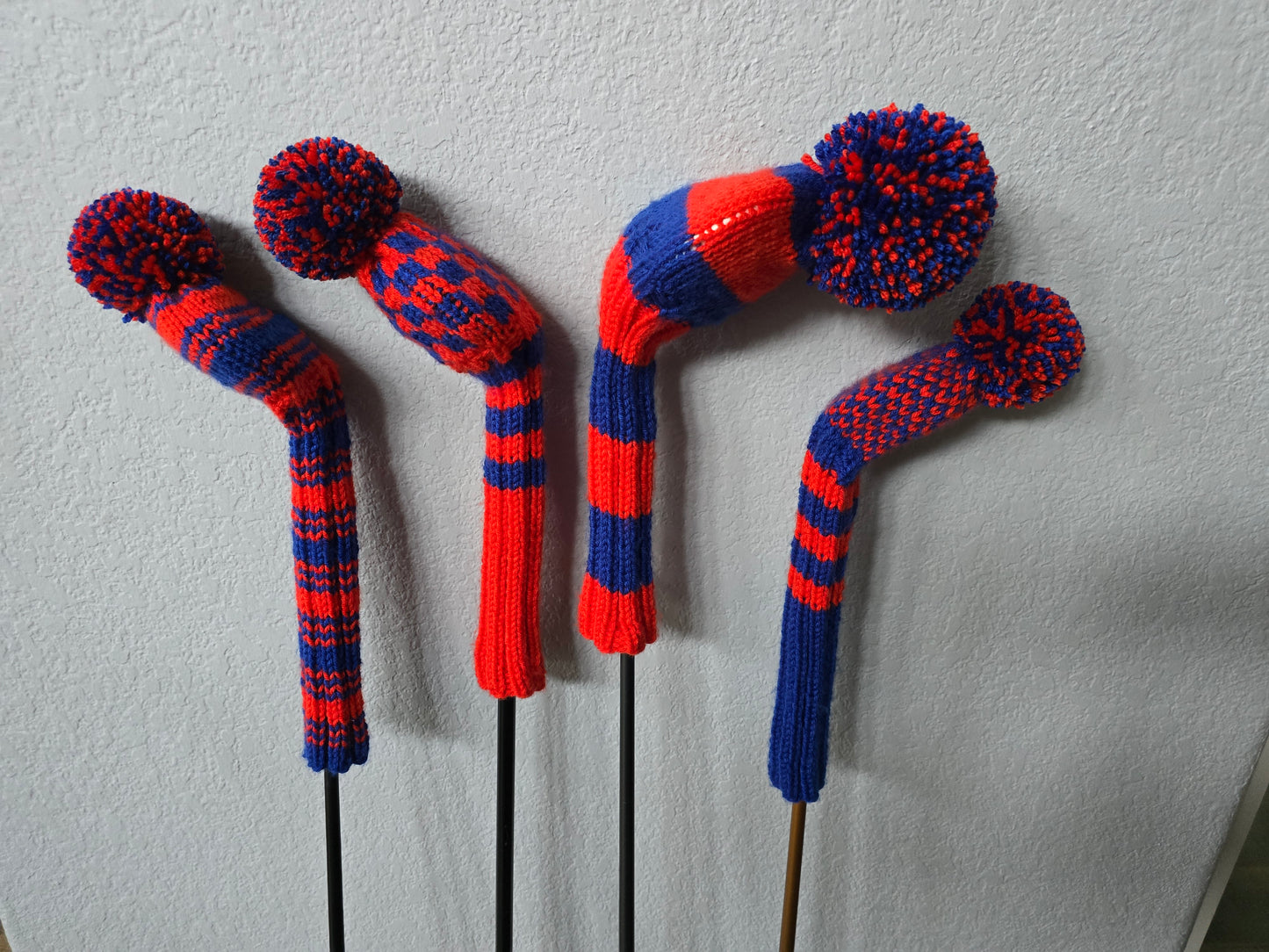 Custom Hand Knit Golf Club Head Covers Retro-Vintage Orange & Blue with Pom Poms for Driver, Fairway Woods & Hybrid