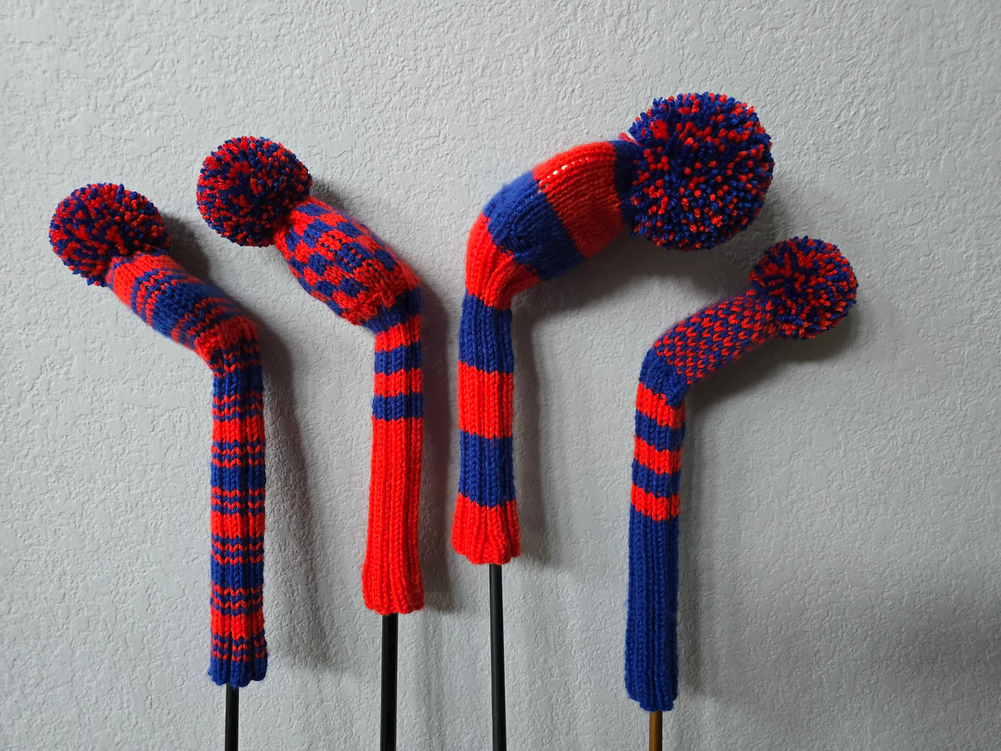 Custom Hand Knit Golf Club Head Covers Retro-Vintage Orange & Blue with Pom Poms for Driver, Fairway Woods & Hybrid