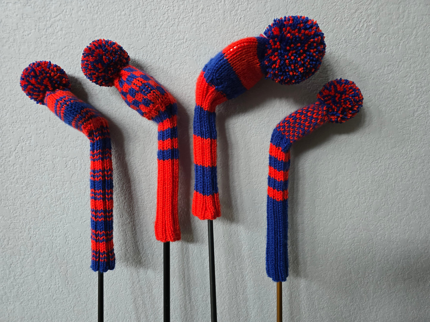 Custom Hand Knit Golf Club Head Covers Retro-Vintage Orange & Blue with Pom Poms for Driver, Fairway Woods & Hybrid