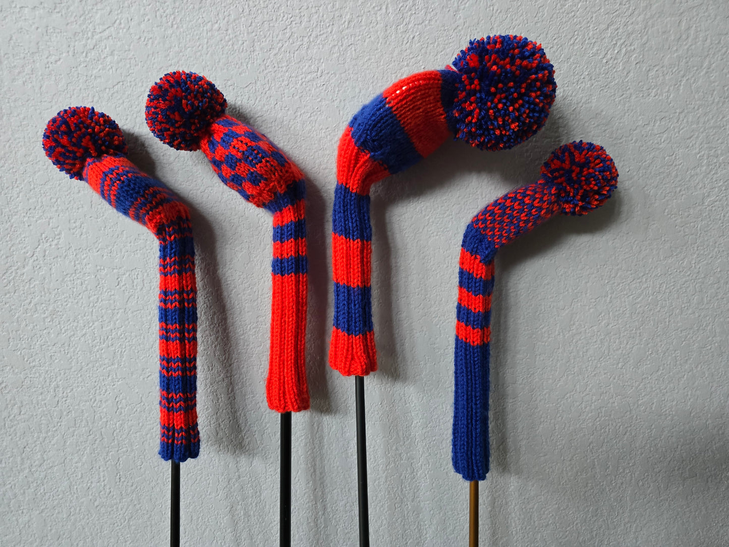 Custom Hand Knit Golf Club Head Covers Retro-Vintage Orange & Blue with Pom Poms for Driver, Fairway Woods & Hybrid