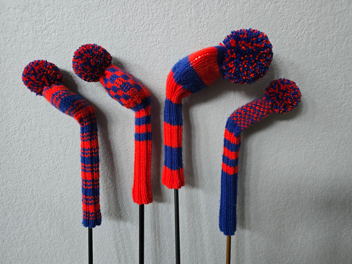 Custom Hand Knit Golf Club Head Covers Retro-Vintage Orange & Blue with Pom Poms for Driver, Fairway Woods & Hybrid