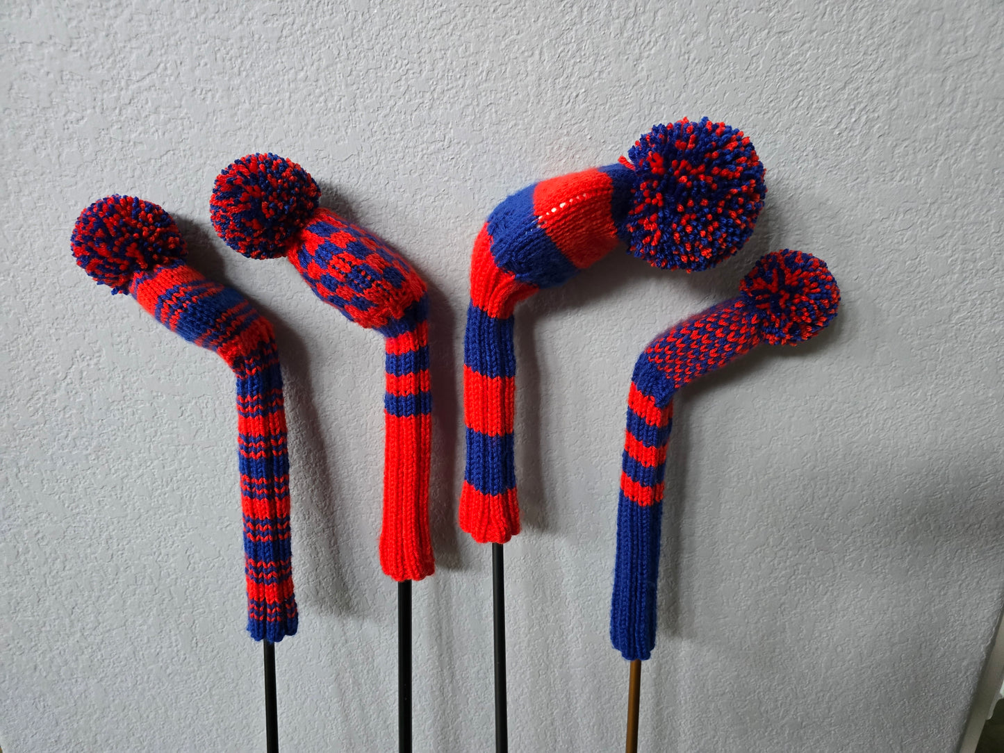 Custom Hand Knit Golf Club Head Covers Retro-Vintage Orange & Blue with Pom Poms for Driver, Fairway Woods & Hybrid