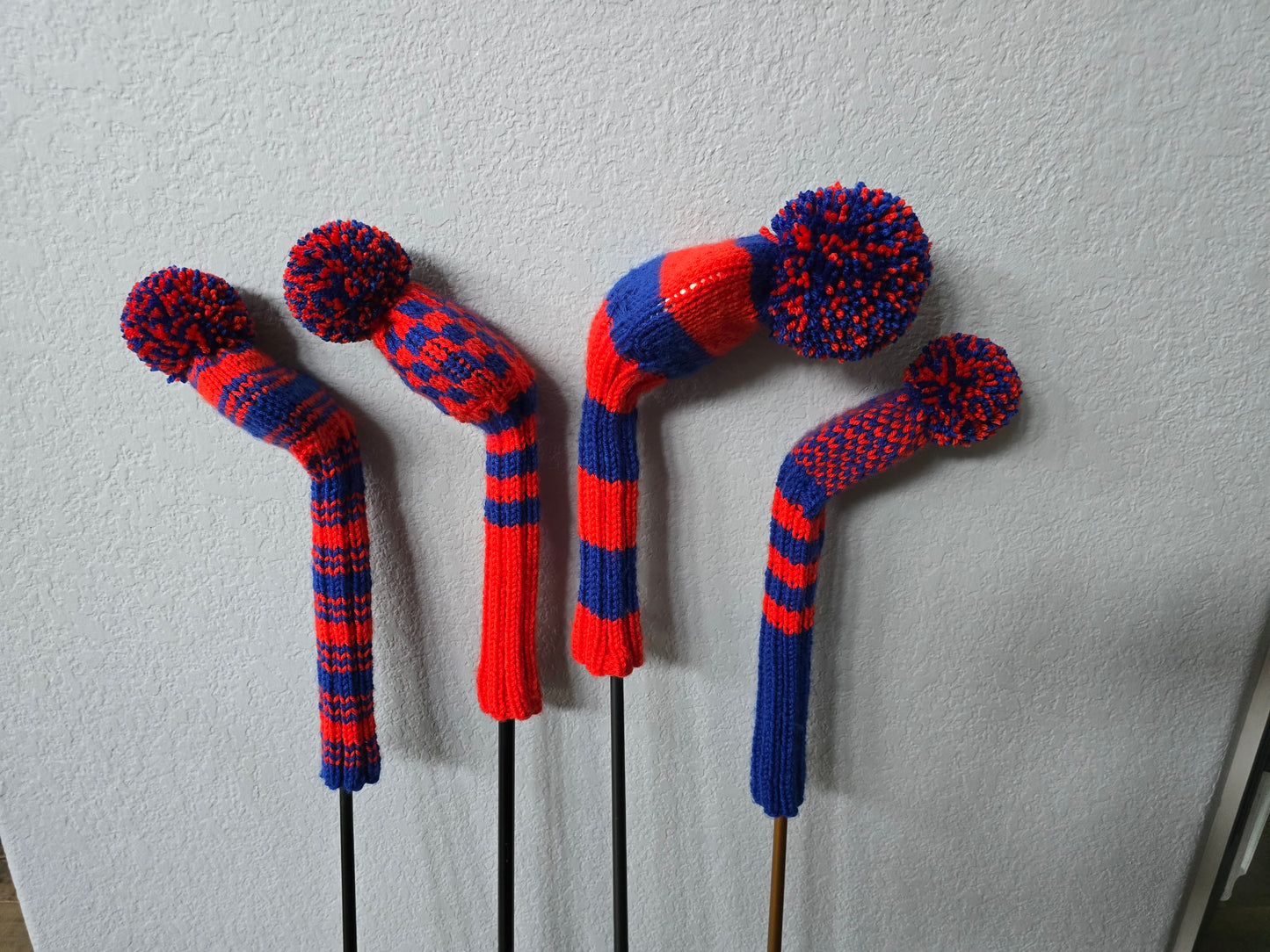 Custom Hand Knit Golf Club Head Covers Retro-Vintage Orange & Blue with Pom Poms for Driver, Fairway Woods & Hybrid