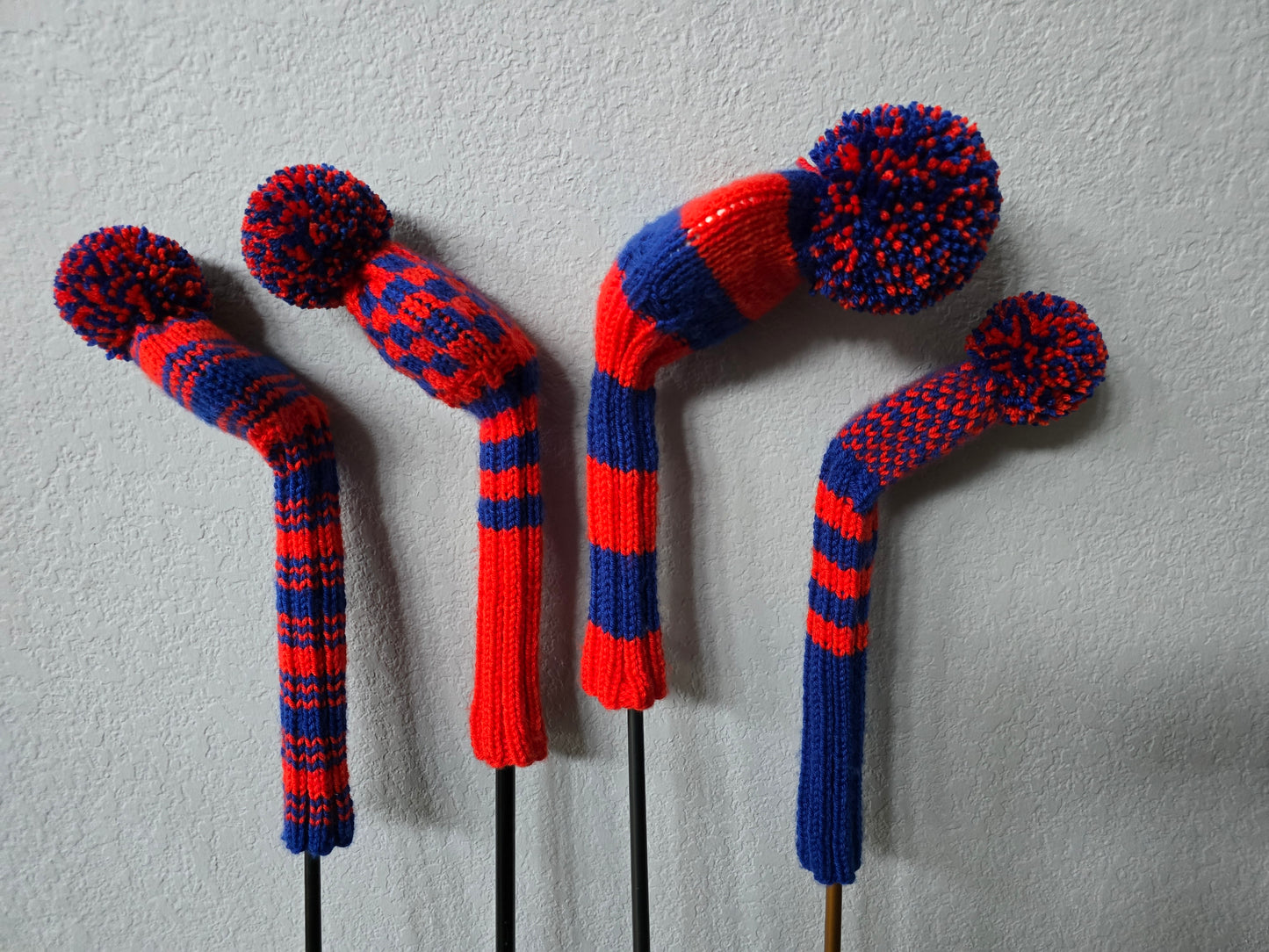 Custom Hand Knit Golf Club Head Covers Retro-Vintage Orange & Blue with Pom Poms for Driver, Fairway Woods & Hybrid