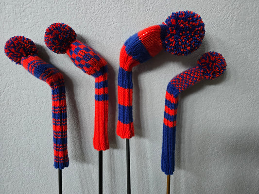 Custom Hand Knit Golf Club Head Covers Retro-Vintage Orange & Blue with Pom Poms for Driver, Fairway Woods & Hybrid