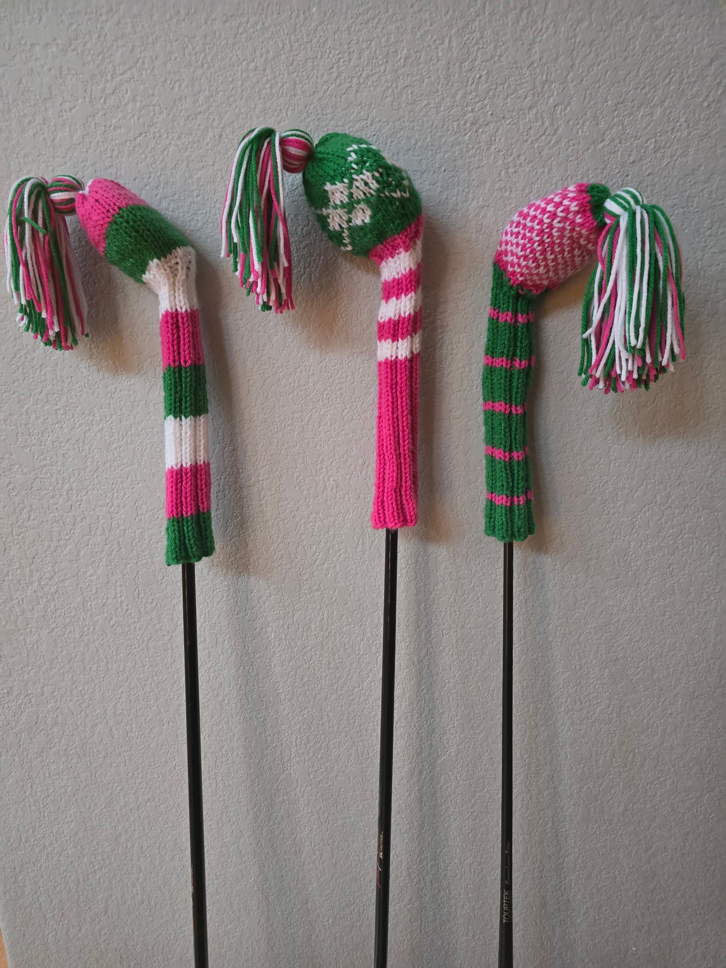 Golf Club Head Covers Retro-Vintage Pink, Green & White with Tassels for Drivers, Woods